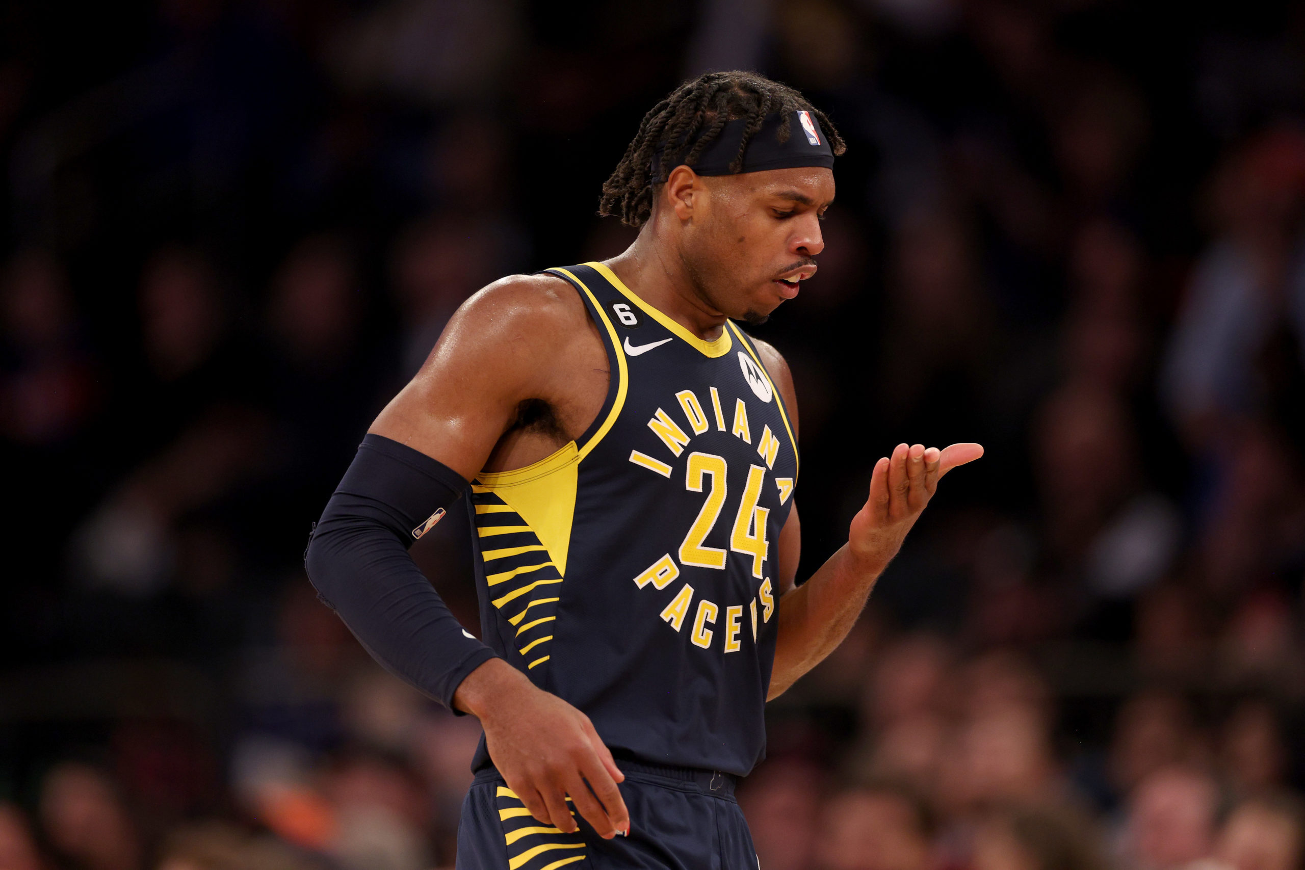 NEW YORK, NEW YORK - JANUARY 11: Buddy Hield #24 of the Indiana Pacers celebrates his three point shot in the fourth quarter against the New York Knicks at Madison Square Garden on January 11, 2023 in New York City. The New York Knicks defeated the Indiana Pacers 119-113. Elsa/Getty Images