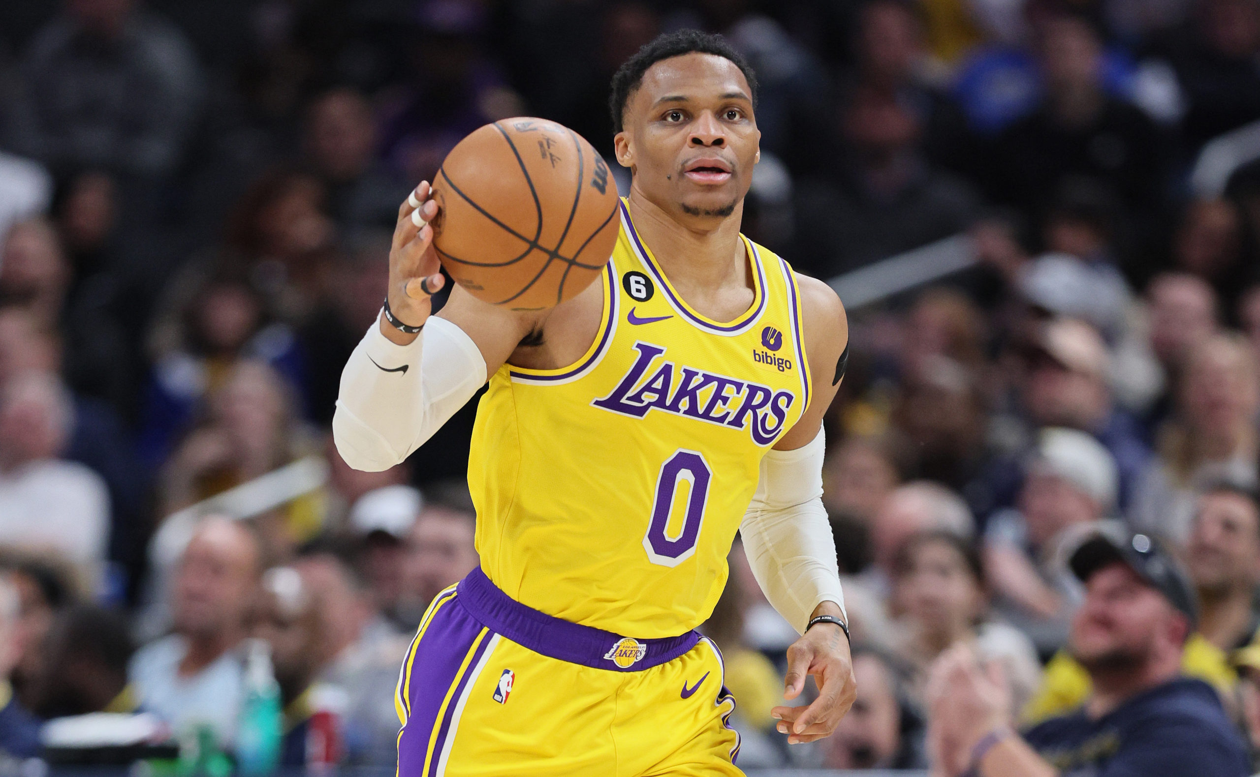 INDIANAPOLIS, INDIANA - FEBRUARY 02: Russell Westbrook #0 of the Los Angeles Lakers during the game against the Indiana Pacers at Gainbridge Fieldhouse on February 02, 2023 in Indianapolis, Indiana. Andy Lyons/Getty Images
