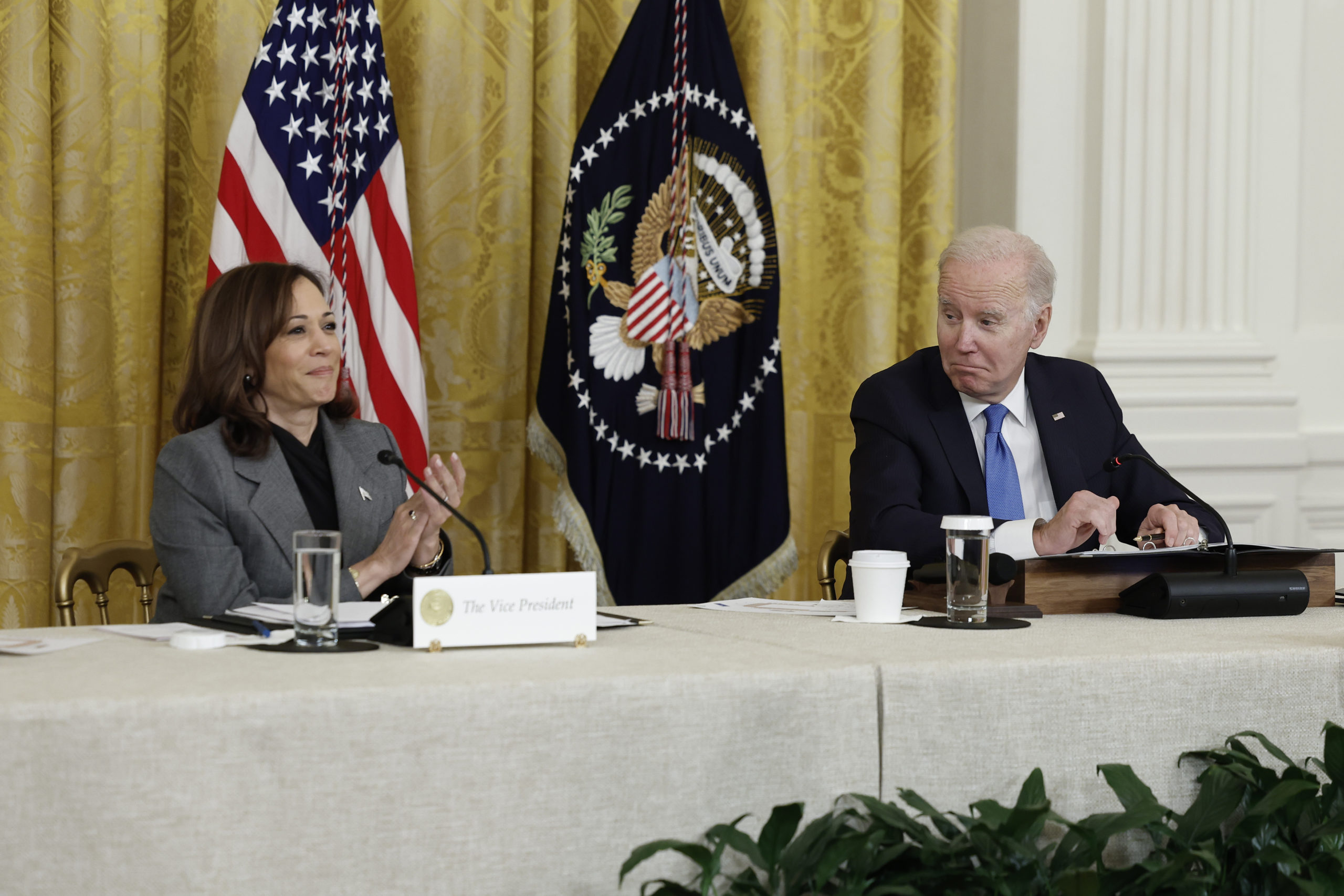 U.S. President Joe Biden and U.S. Vice President Kamala Harris participate in a meeting with governors visiting from states around the country in the East Room of the White House on February 10, 2023 in Washington, DC. This weekend President Biden is hosting governors that are attending the annual National Governors Association Winter Meeting. (Photo by Anna Moneymaker/Getty Images)