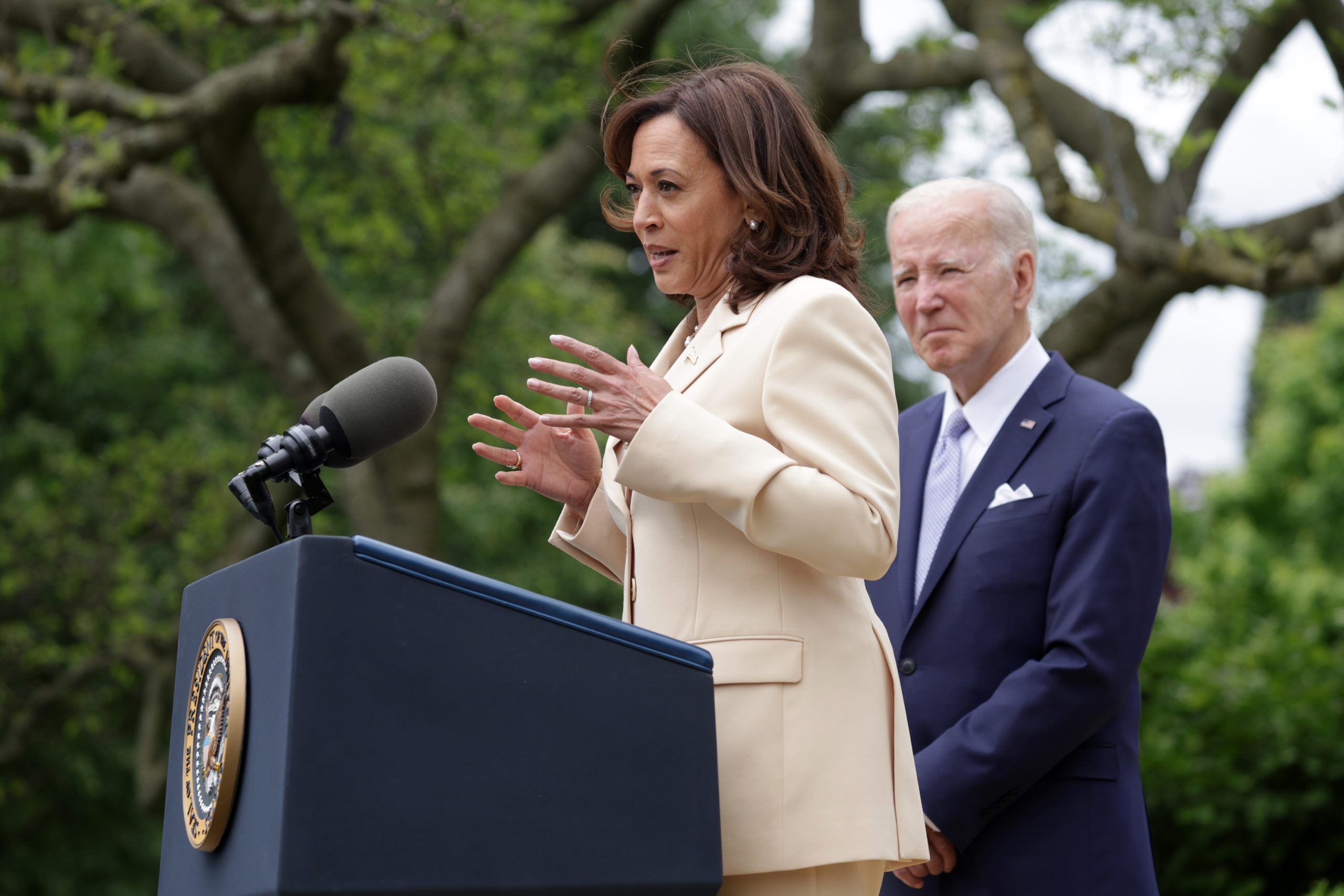 U.S. Vice President Kamala Harris (L) speaks as President Joe Biden (R) listens during a Rose Garden event at the White House to mark National Small Business Week on May 1, 2023 in Washington, DC. President Biden is hosting small business award winners at the White House to celebrate their contributions. (Photo by Alex Wong/Getty Images)