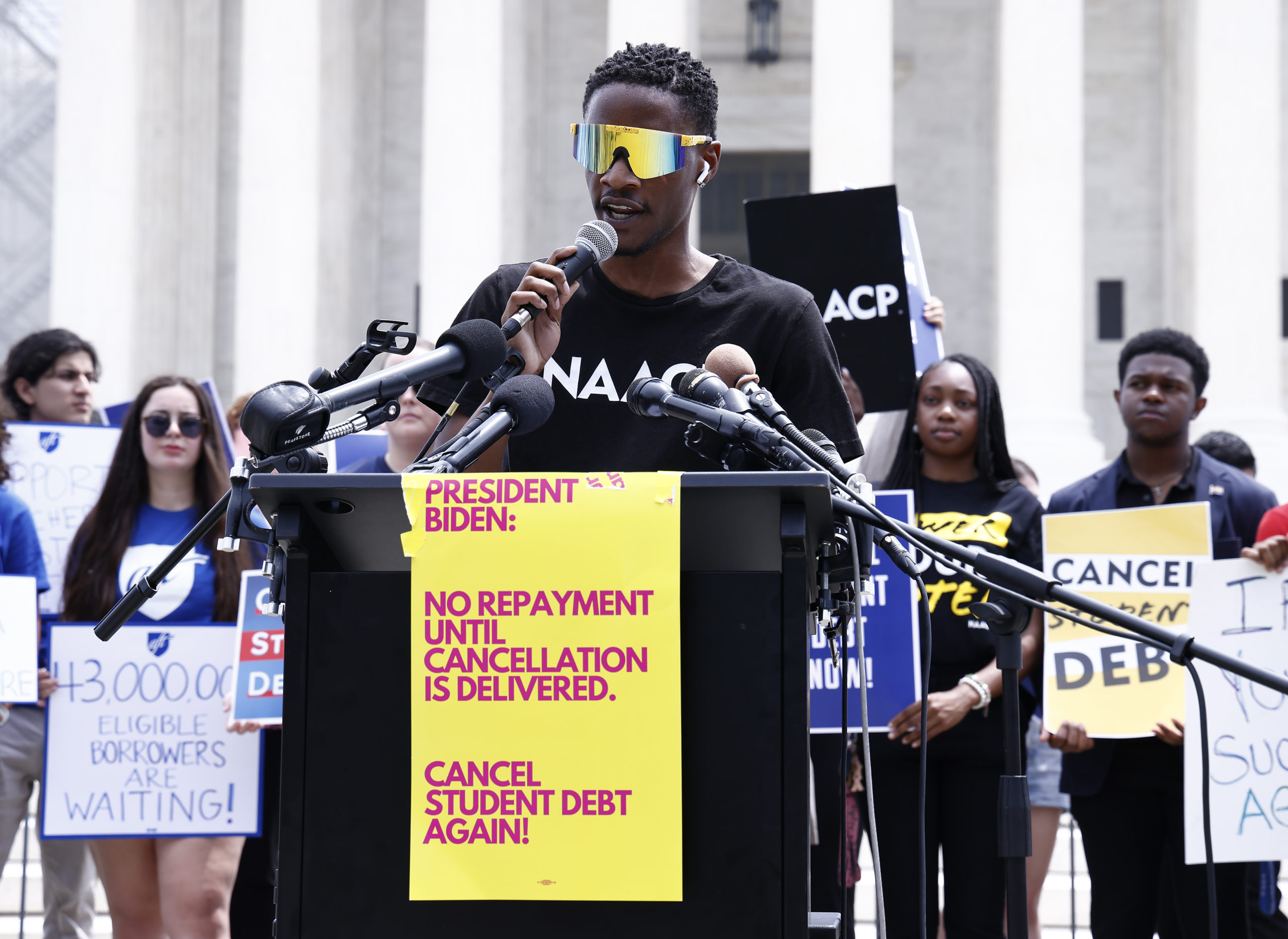  Derrick Lewis, NAACP Y&C, joins student loan borrowers to demand President Biden use "Plan B" to cancel student debt Immediately at a rally outside of the Supreme Court of the United States on June 30, 2023 in Washington, DC. (Photo by Paul Morigi/Getty Images for We The 45 Million)