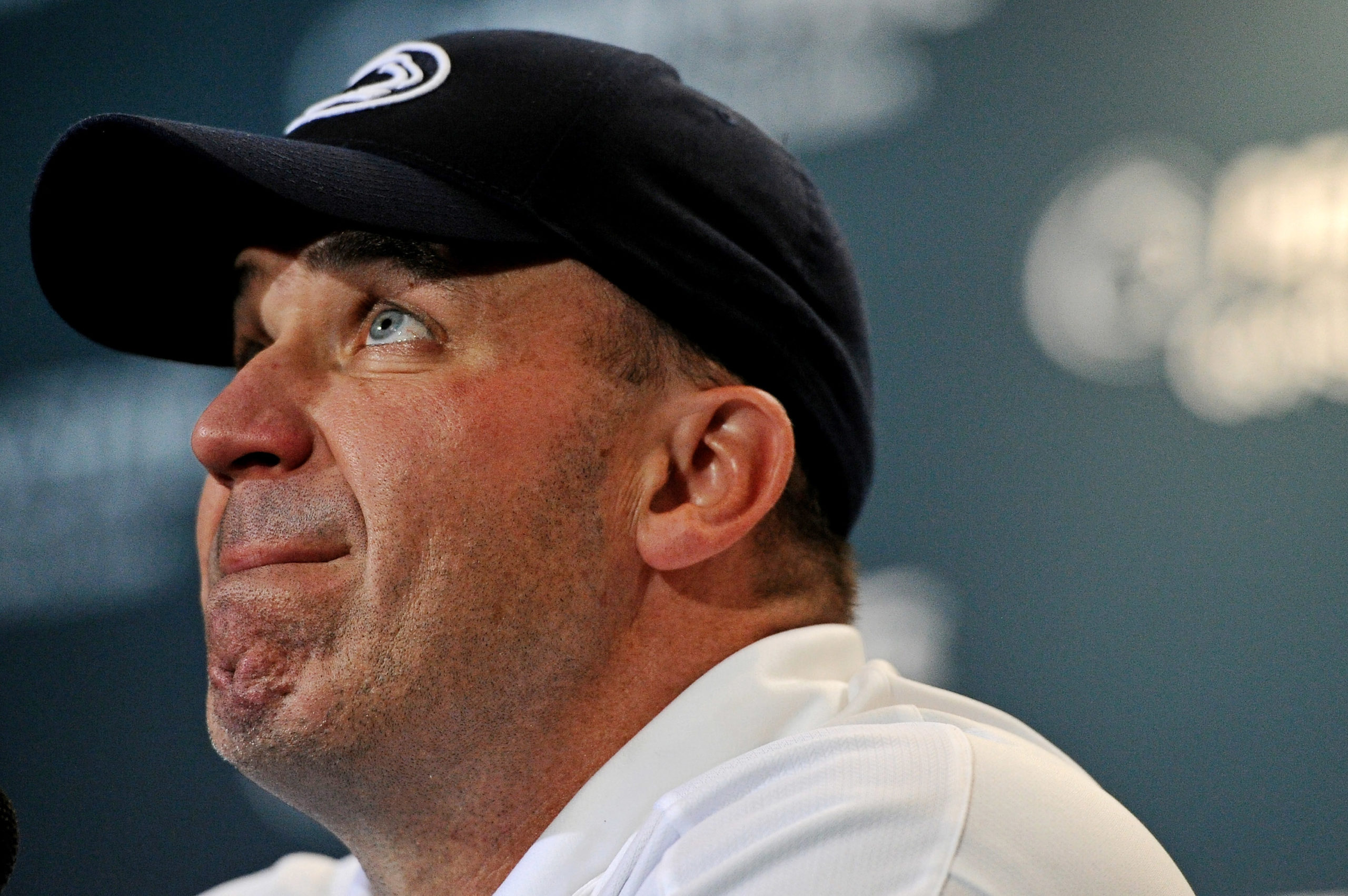 STATE COLLEGE, PA - SEPTEMBER 01: Head coach Bill O'Brien of the Penn State Nittany Lions speaks to the media after losing to the Ohio Bobcats at Beaver Stadium on September 1, 2012 in State College, Pennsylvania. The Bobcats won 24-14. Patrick Smith/Getty Images