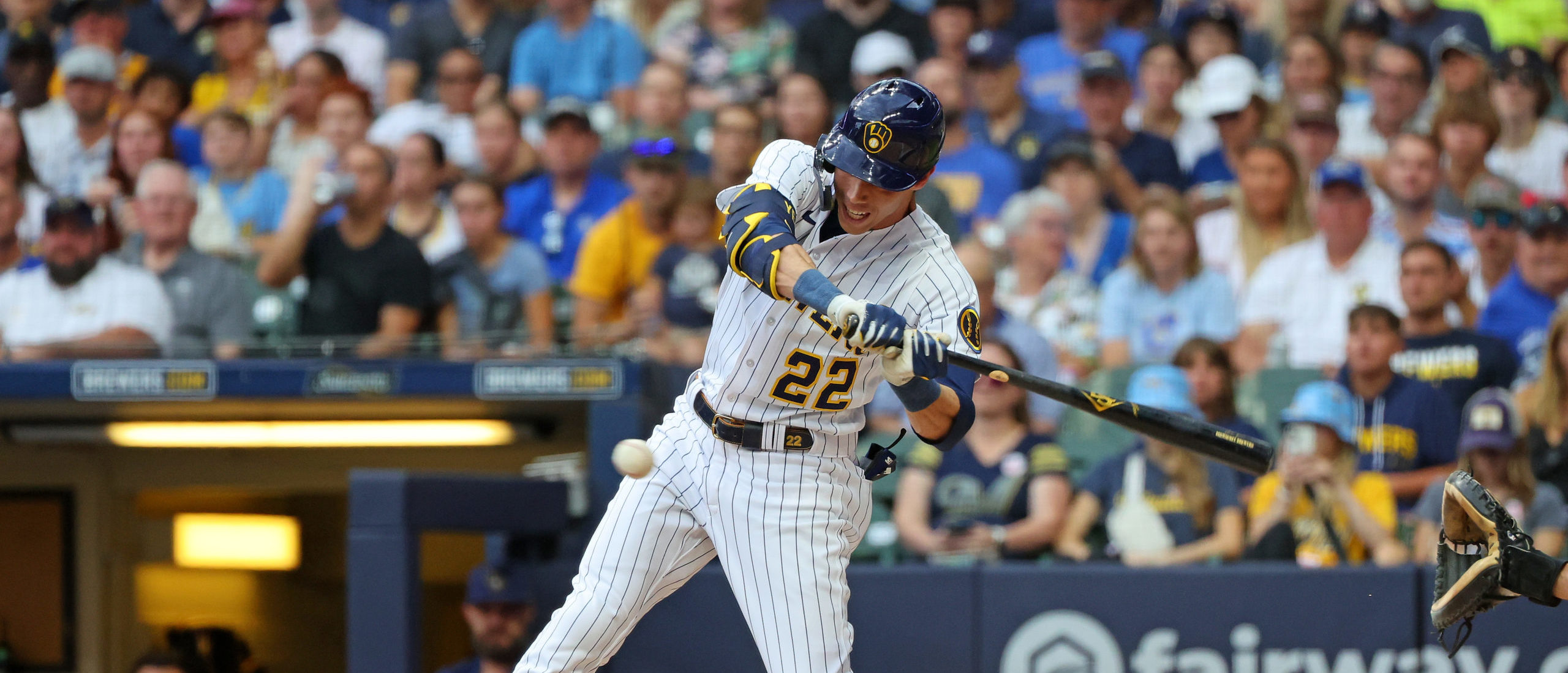 MILWAUKEE, WISCONSIN - SEPTEMBER 02: Christian Yelich #22 of the Milwaukee Brewers at bat during a game against the Philadelphia Phillies at American Family Field on September 02, 2023 in Milwaukee, Wisconsin. Stacy Revere/Getty Images