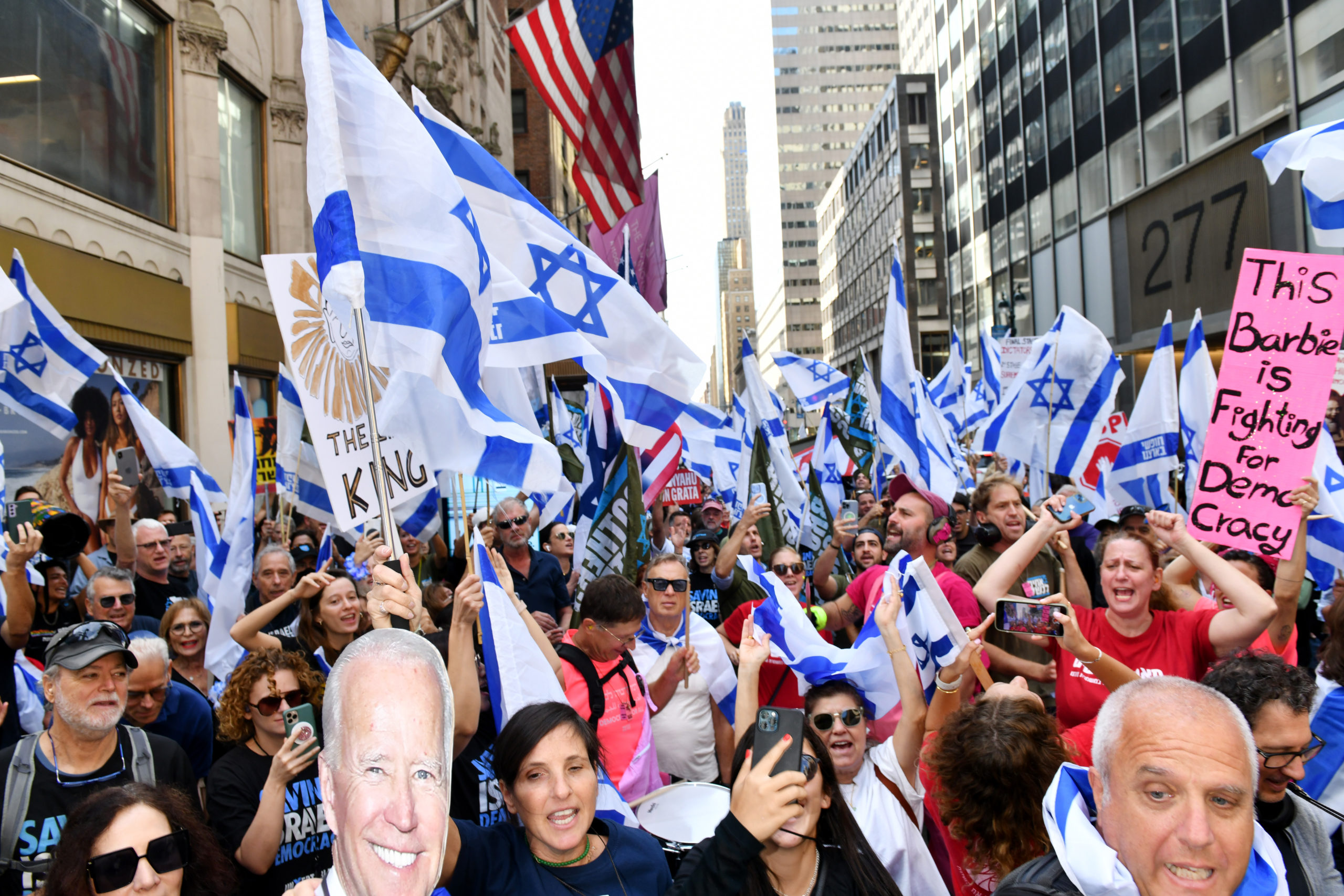  attends The New York Protest Movement as they welcome Prime Minister Netanyahu to his meeting with President Biden by demanding Democracy and yelling "Shame!" on September 20, 2023 in New York City. (Photo by Craig Barritt/Getty Images for New York Protest Movement)