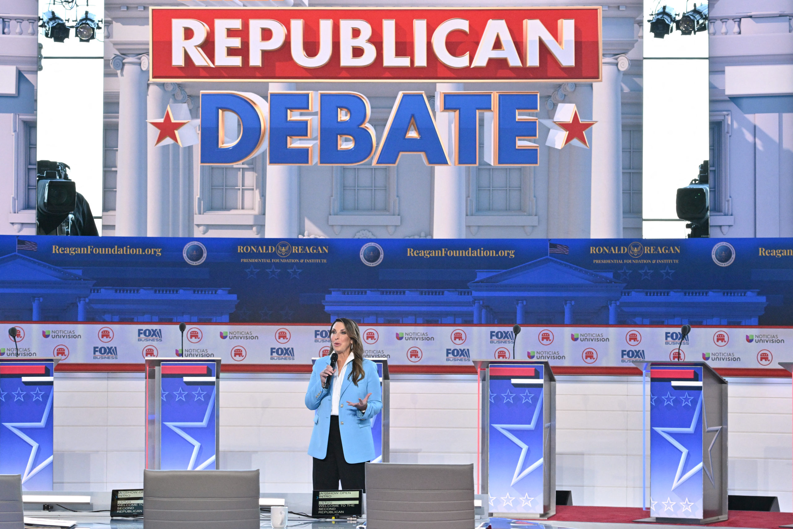 RNC Chair Ronna McDaniel speaks prior to the second Republican presidential primary debate at the Ronald Reagan Presidential Library in Simi Valley, California, on September 27, 2023. (Photo by Robyn BECK / AFP) (Photo by ROBYN BECK/AFP via Getty Images)