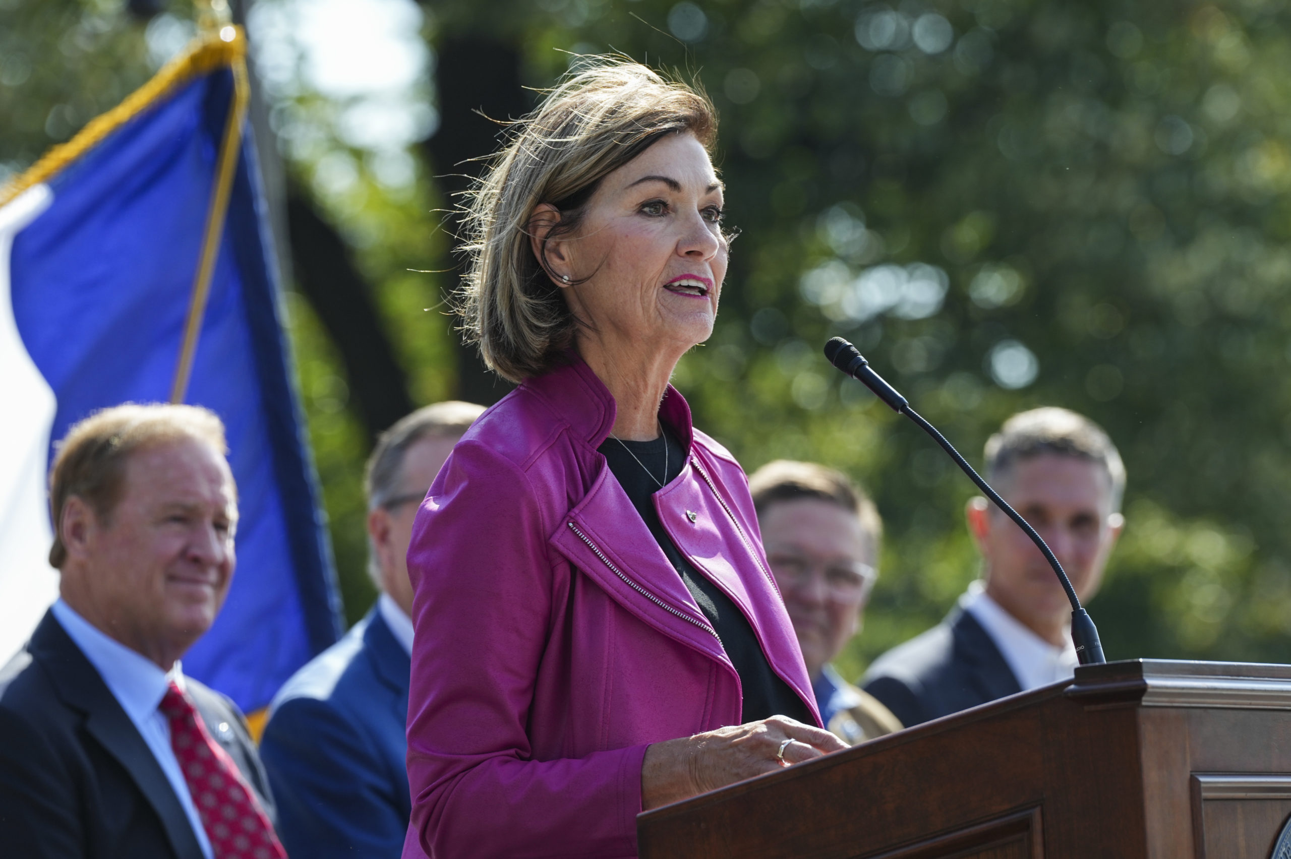 DES MOINES, IOWA - OCTOBER 3: Iowa Governor, Kim Reynolds speaks at a NASCAR press conference at the Iowa State Capitol on October 3, 2023 in Des Moines, Iowa. (Photo by Jay Biggerstaff/Getty Images)