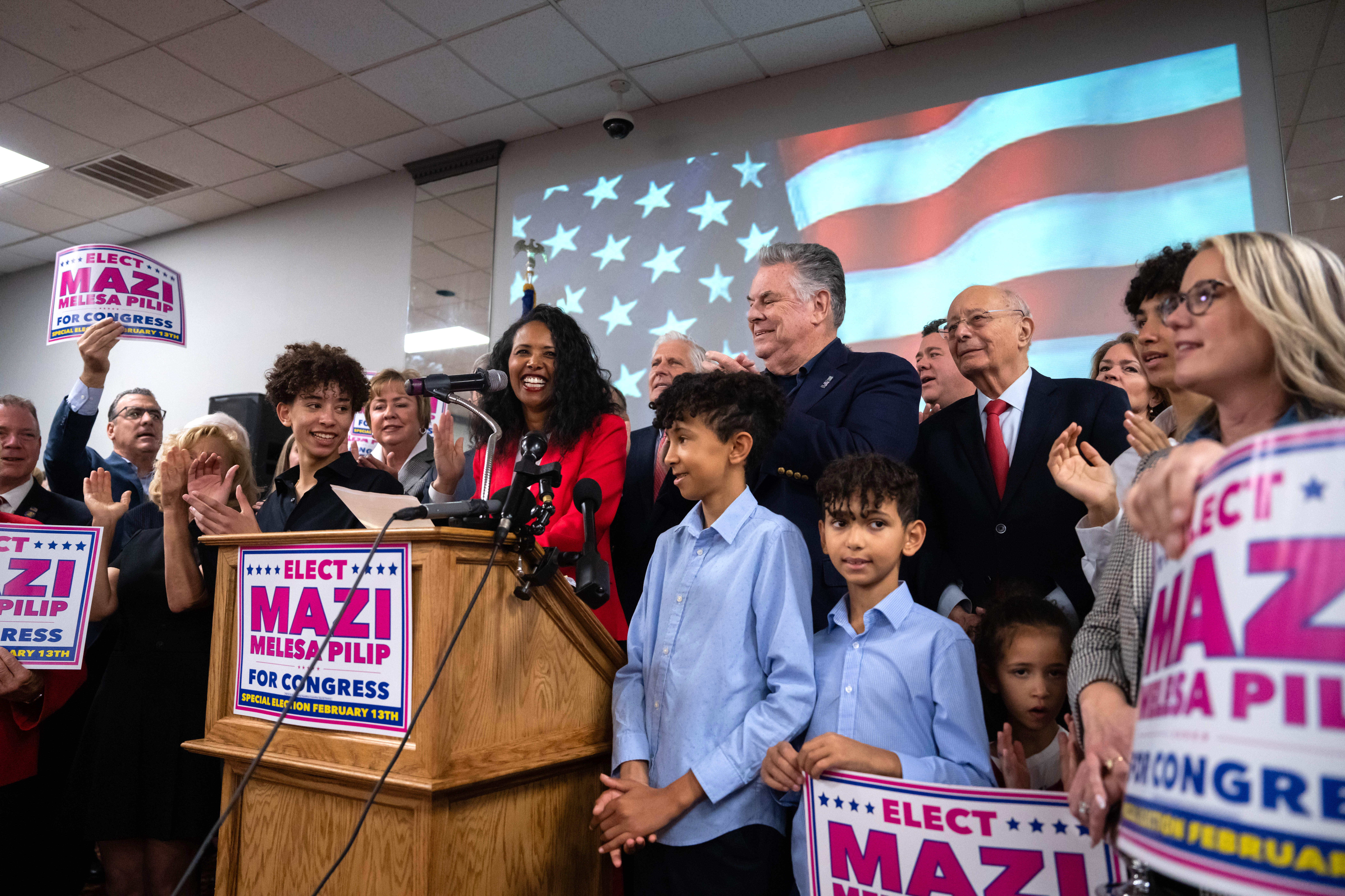 MASSAPEQUA, NEW YORK - DECEMBER 15: Nassau County legislator Mazi Melesa Pilip speaks during a press conference at American Legion Post 1066 on December 15, 2023 in Massapequa, New York. New York Republicans announced Pilip's nomination as their candidate to run in the February 13, 2024 special election for the House seat vacated by former Rep. George Santos (R-NY). (Photo by Adam Gray/Getty Images)