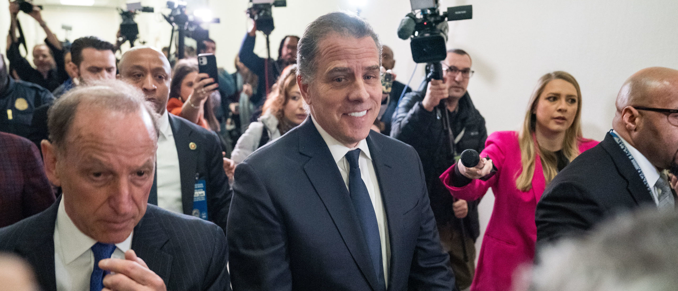 Hunter Biden, son of U.S. President Joe Biden, and his lawyer Abbe Lowell (L) depart a House Oversight Committee meeting at Capitol Hill on January 10, 2024 in Washington, DC. The committee is meeting today as it considers citing him for Contempt of Congress. (Photo by Kent Nishimura/Getty Images)