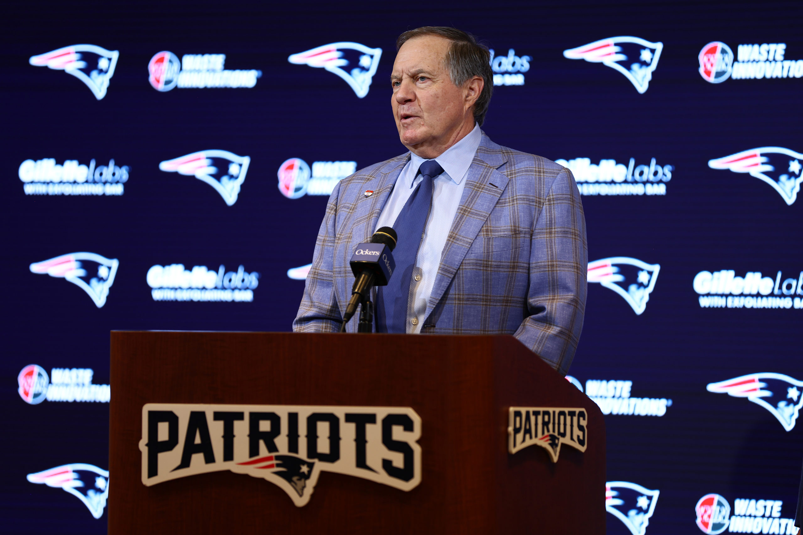 FOXBOROUGH, MASSACHUSETTS - JANUARY 11: Head coach Bill Belichick of the New England Patriots speaks to the media during a press conference at Gillette Stadium on January 11, 2024 in Foxborough, Massachusetts. Belichick announced he is stepping down as head coach after 24 seasons with the team. Maddie Meyer/Getty Images