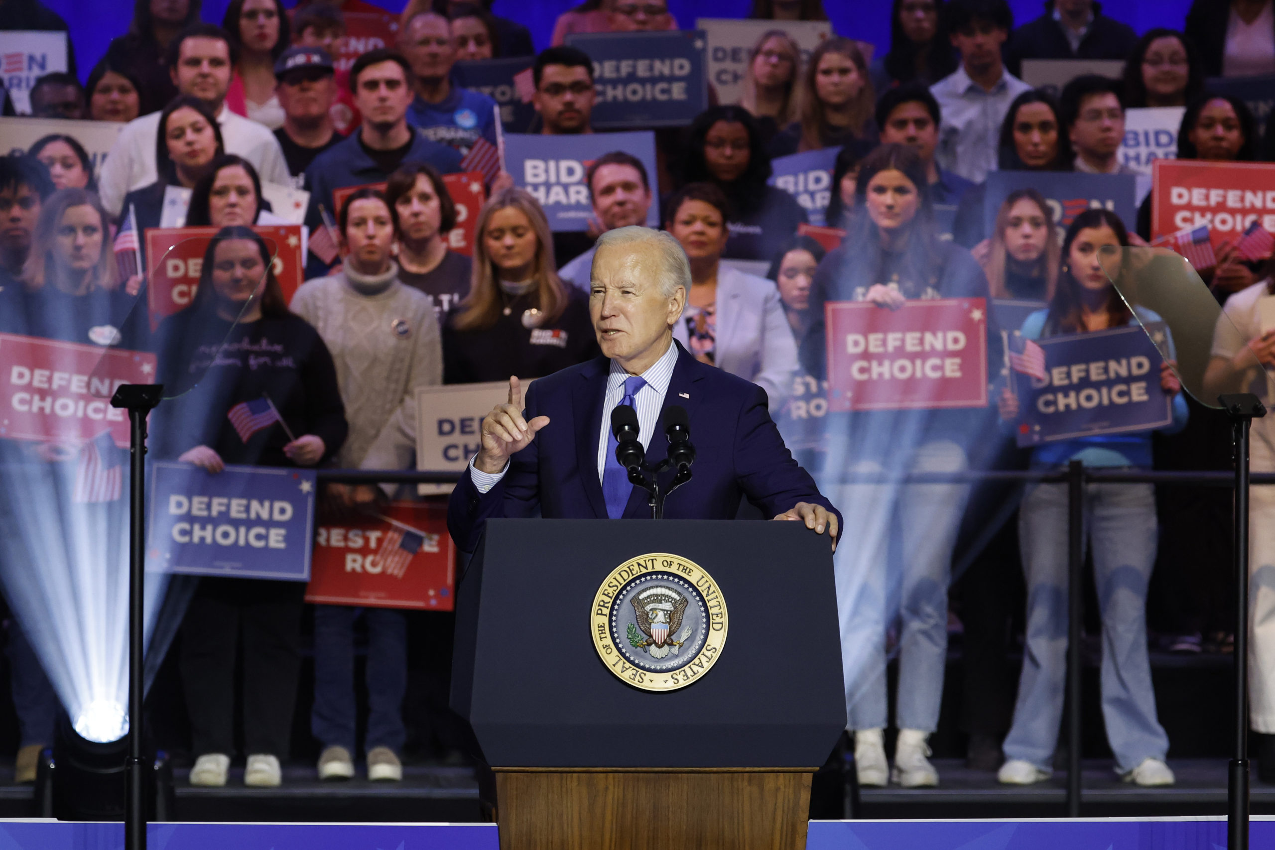 MANASSAS, VIRGINIA - JANUARY 23: U.S. President Joe Biden speaks at a ”Reproductive Freedom Campaign Rally" at George Mason University on January 23, 2024 in Manassas, Virginia. During the first joint rally held by the President and Vice President, Biden and Kamala Harris spoke on what they perceive as a threat to reproductive rights. (Photo by Anna Moneymaker/Getty Images)