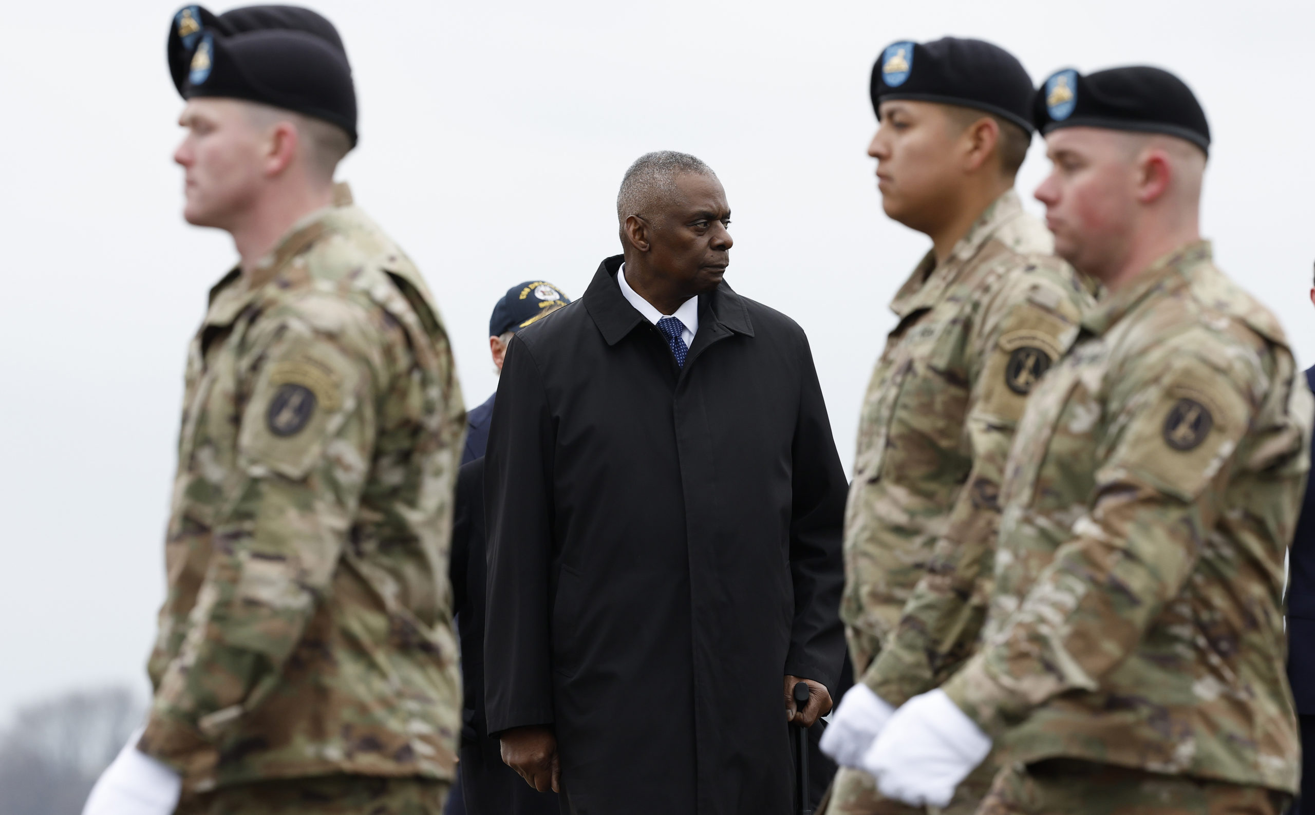 U.S. Secretary of Defense Lloyd Austin attends the dignified transfer for fallen service members U.S. Army Sgt. William Rivers, Sgt. Breonna Moffett and Sgt. Kennedy Sanders at Dover Air Force Base on February 02, 2024 in Dover, Delaware. U.S. Army Sgt. William Rivers, Sgt. Breonna Moffett and Sgt. Kennedy Sanders were killed in addition to 40 others troops were injured during a drone strike in Jordan. (Photo by Kevin Dietsch/Getty Images)