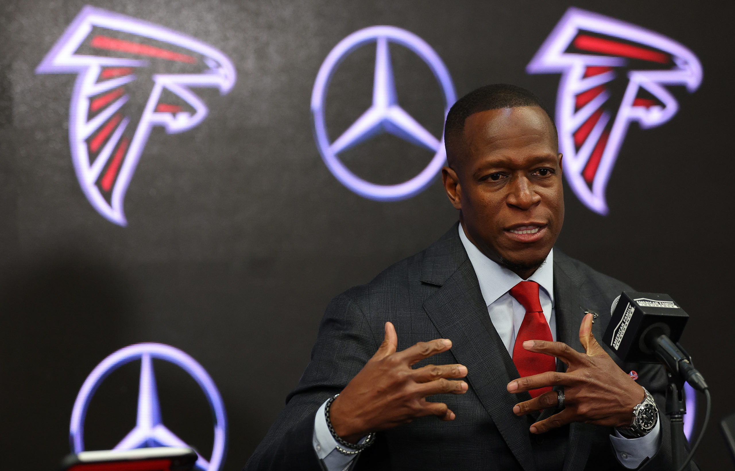 ATLANTA, GEORGIA - FEBRUARY 05: Raheem Morris speaks to the media after being introduced as the head coach of the Atlanta Falcons at Mercedes-Benz Stadium on February 05, 2024 in Atlanta, Georgia. Kevin C. Cox/Getty Images