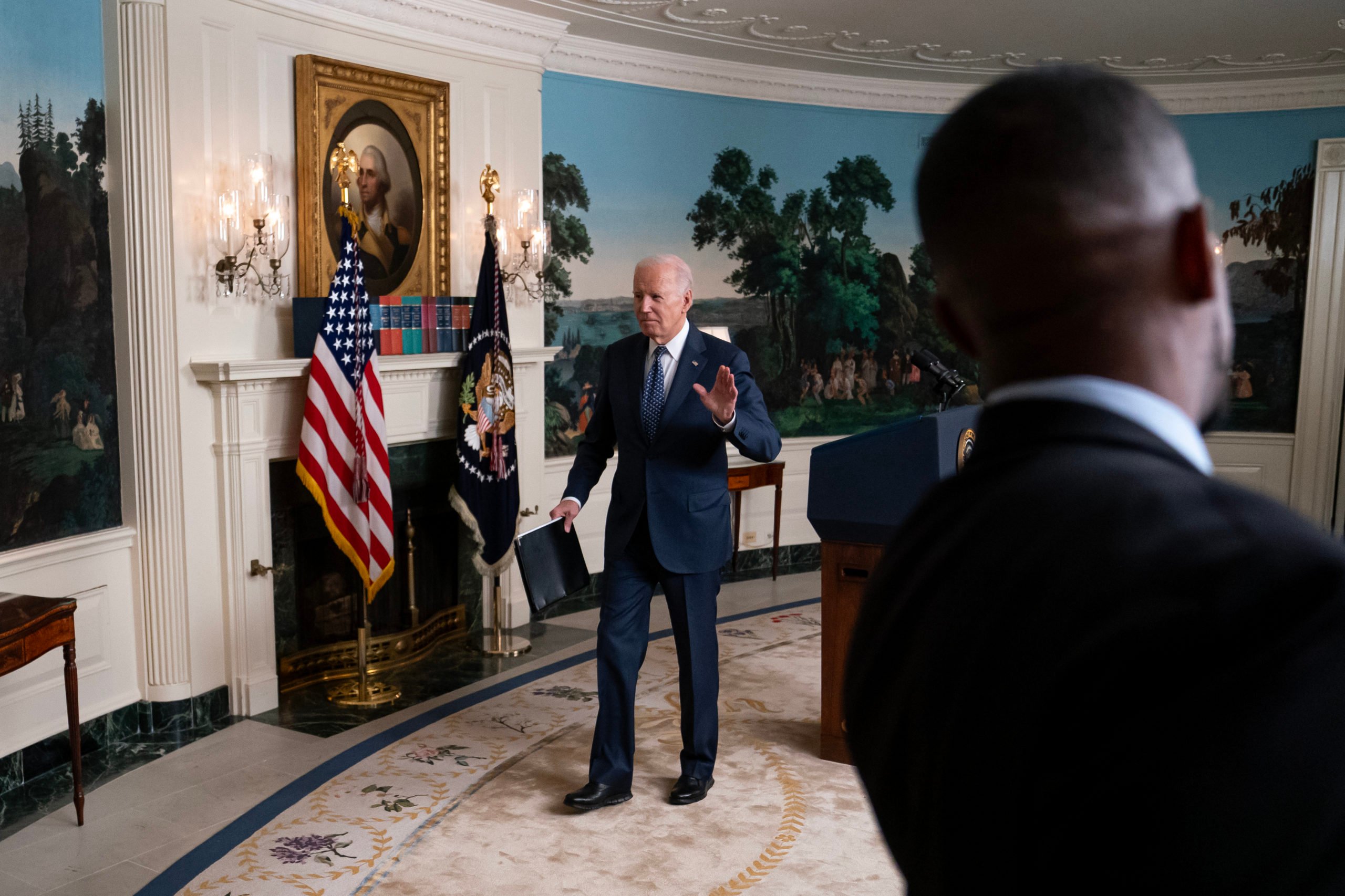 U.S. President Joe Biden departs after delivering remarks in the Diplomatic Reception Room of the White House on February 8, 2024 in Washington, DC. Biden addressed the Special Counsel's report on his handling of classified material, and the status of the war in Gaza. (Photo by Nathan Howard/Getty Images)