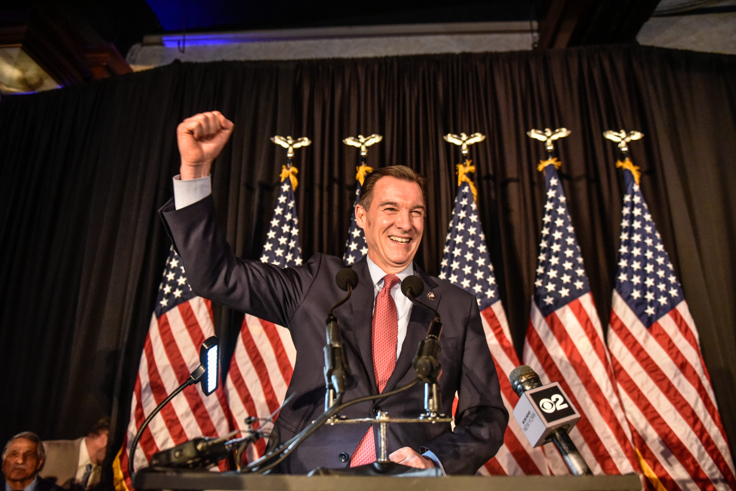 WOODBURY, NEW YORK - FEBRUARY 13: Democratic U.S. House candidate Tom Suozzi celebrates his victory in the special election to replace Republican Rep. George Santos on February 13, 2024 in Woodbury, New York. Suozzi defeated Republican Mazi Pilip in a race closely watched nationally as the presidential race heats up. (Photo by Stephanie Keith/Getty Images)