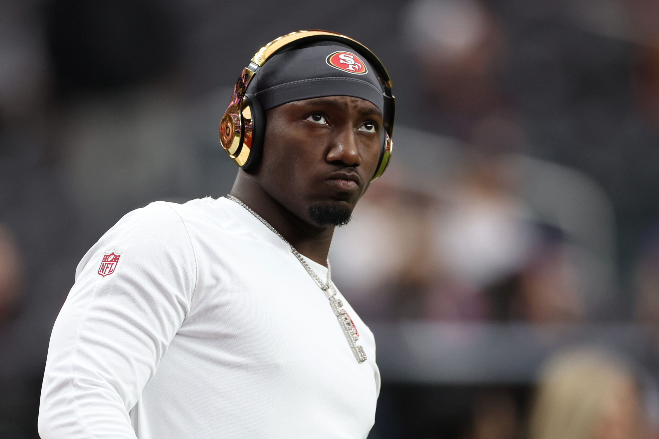 LAS VEGAS, NEVADA - FEBRUARY 11: Deebo Samuel #19 of the San Francisco 49ers warms-up before Super Bowl LVIII against the Kansas City Chiefs at Allegiant Stadium on February 11, 2024 in Las Vegas, Nevada. Ezra Shaw/Getty Images