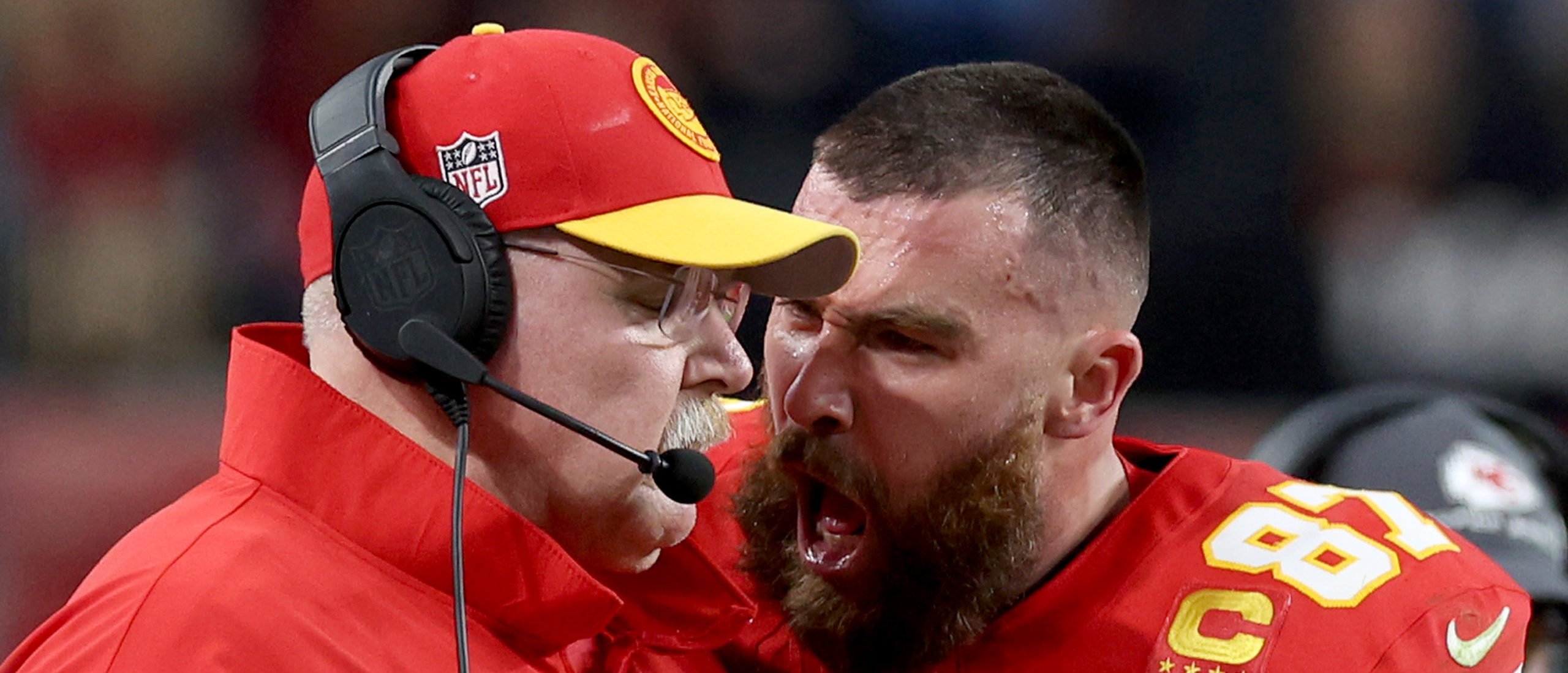 LAS VEGAS, NEVADA - FEBRUARY 11: Travis Kelce #87 of the Kansas City Chiefs reacts at Head coach Andy Reid in the first half against the San Francisco 49ers during Super Bowl LVIII at Allegiant Stadium on February 11, 2024 in Las Vegas, Nevada. Jamie Squire/Getty Images