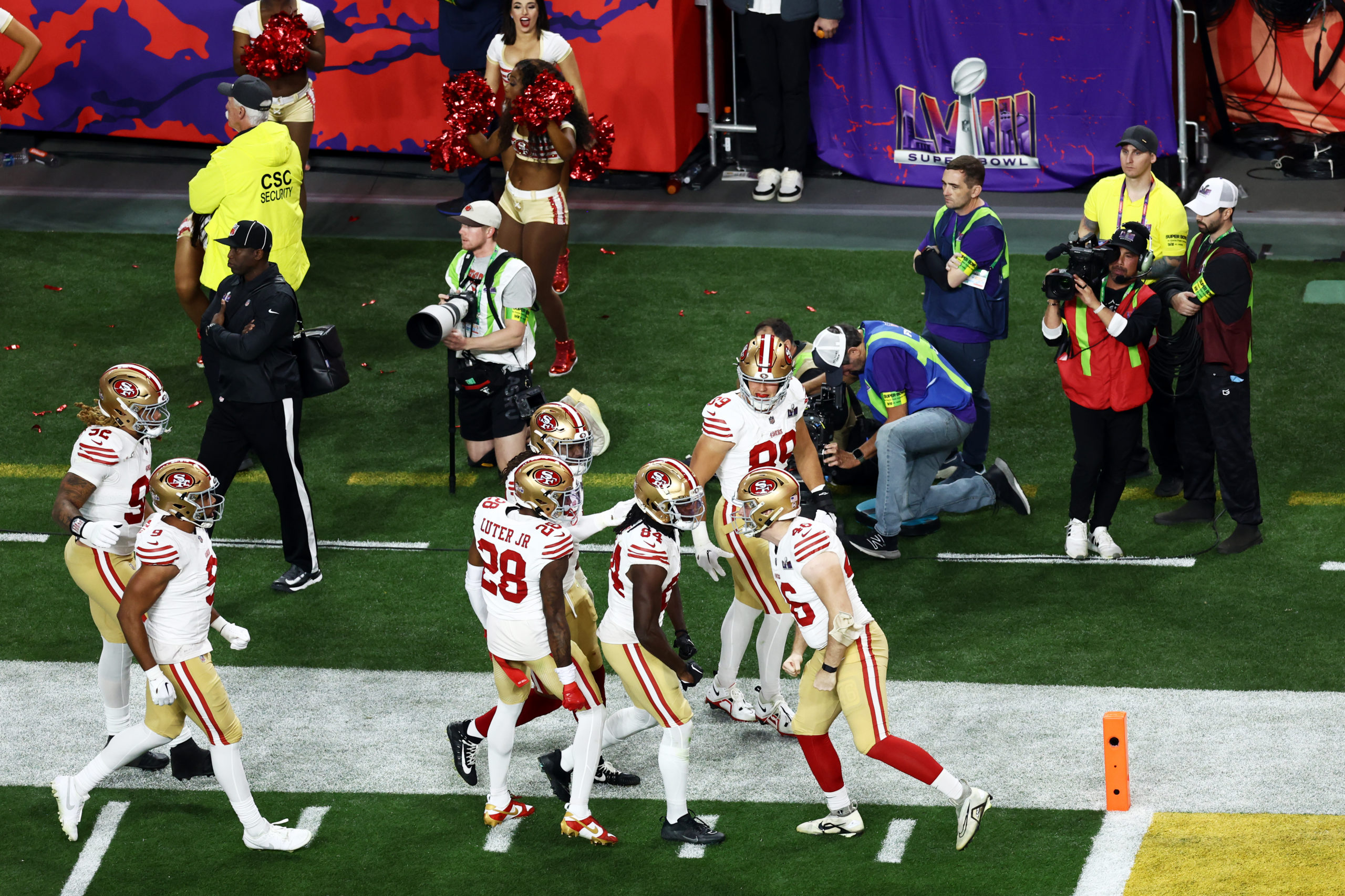 LAS VEGAS, NEVADA - FEBRUARY 11: Chris Conley #84 of the San Francisco 49ers celebrates with teammates after a special teams tackle in the third quarter against the Kansas City Chiefs during Super Bowl LVIII at Allegiant Stadium on February 11, 2024 in Las Vegas, Nevada. Tim Nwachukwu/Getty Images