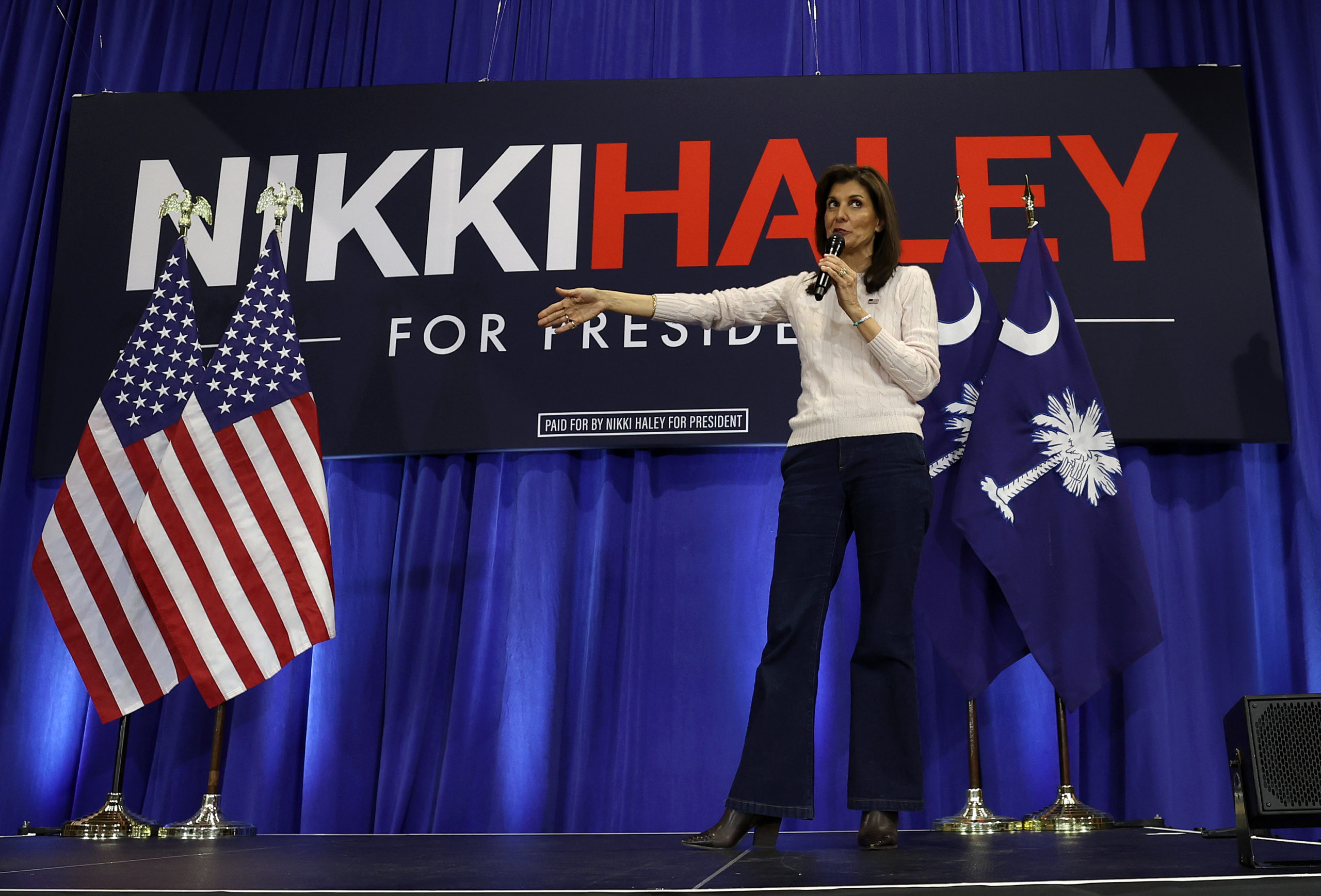 GREER, SOUTH CAROLINA - FEBRUARY 19: Republican presidential candidate former U.N. Ambassador Nikki Haley speaks during a campaign event at the Cannon Centre on February 19, 2024 in Greer, South Carolina. South Carolina. South Carolina holds its Republican primary on February 24. (Photo by Justin Sullivan/Getty Images)