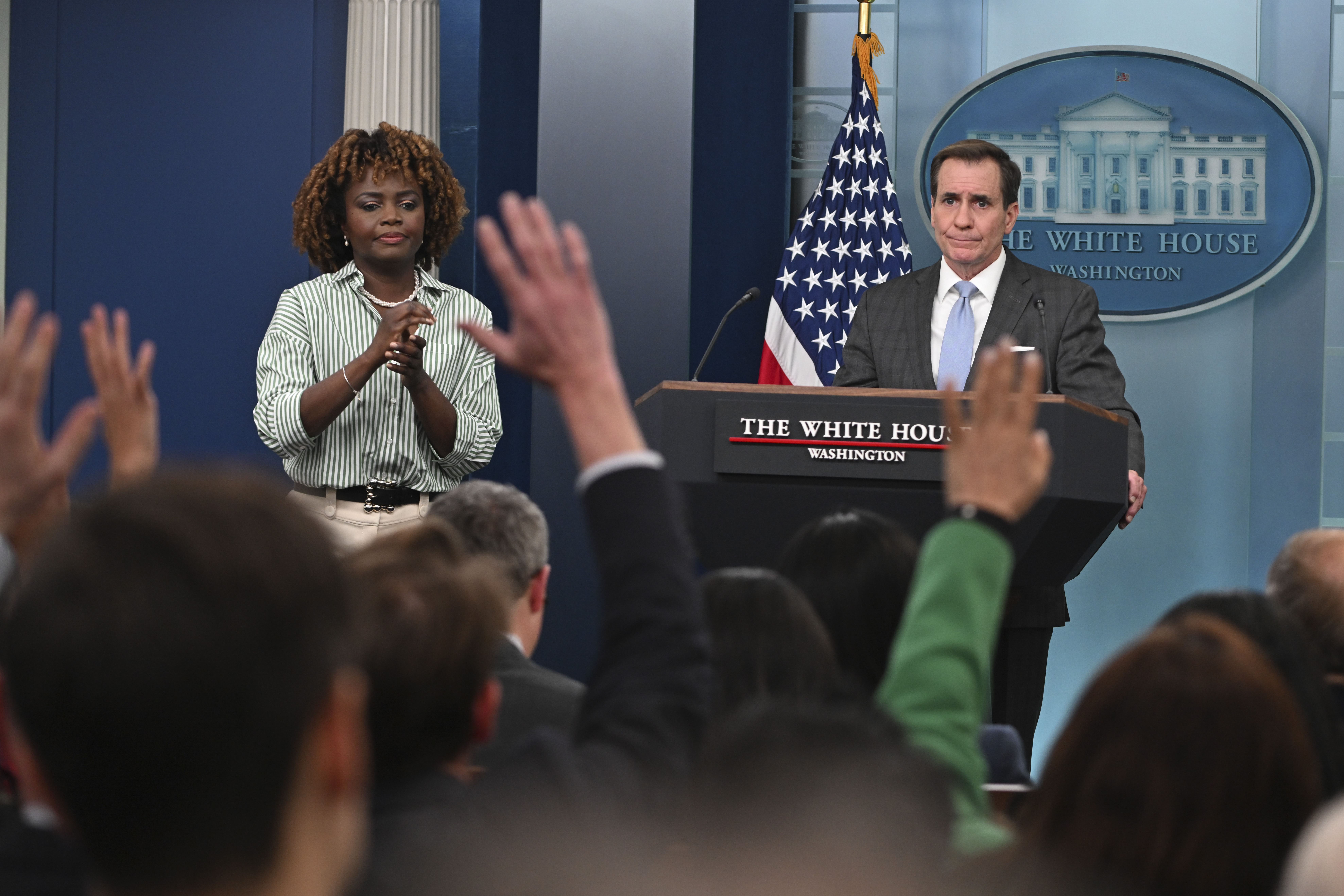 White House Press Secretary Karine Jean-Pierre (L) and John Kirby , the Coordinator for Strategic Communications at the National Security Council in the White House take questions during a press briefing at the White House on February 27, 2024 in Washington, DC. Earlier, the President met with the four Congressional leaders at the White House; (Photo by Roberto Schmidt/Getty Images)