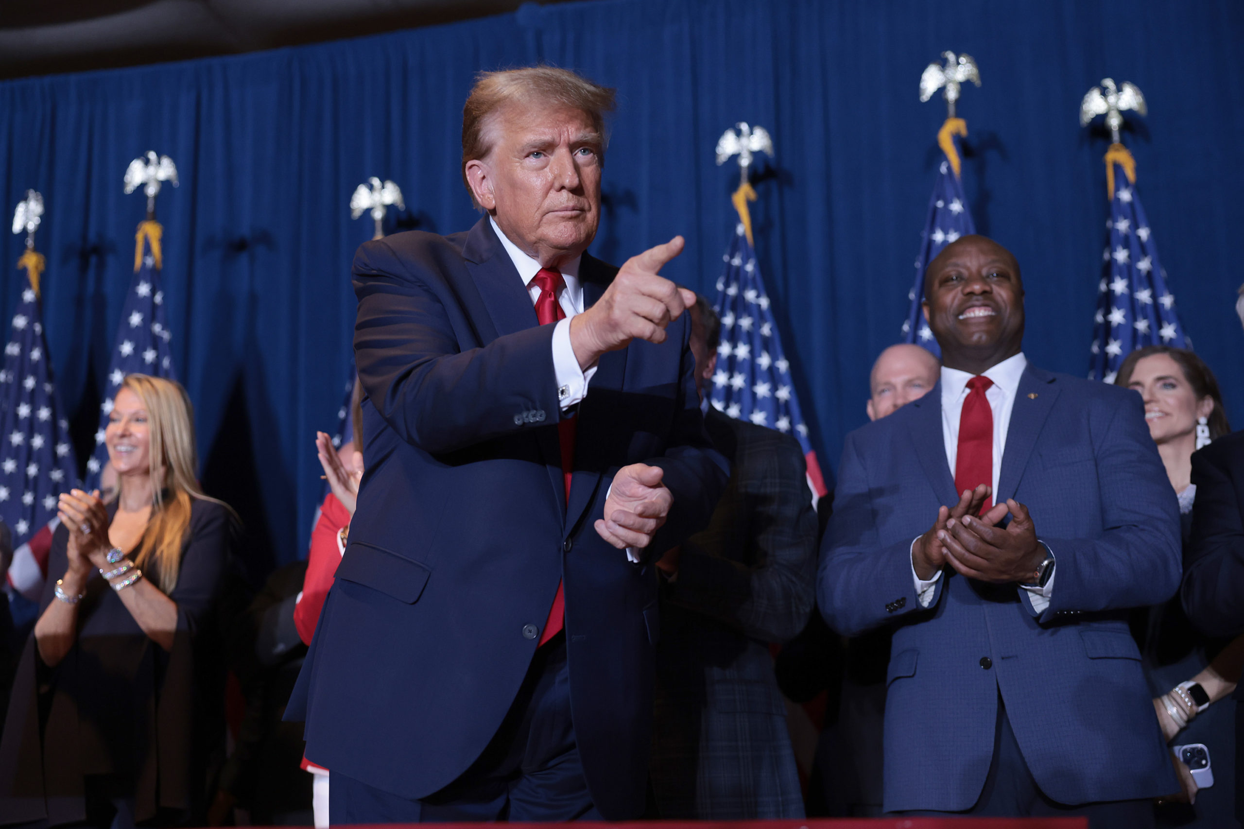 COLUMBIA, SOUTH CAROLINA - FEBRUARY 24: Republican presidential candidate and former President Donald Trump greets supporters during an election night watch party at the State Fairgrounds on February 24, 2024 in Columbia, South Carolina. South Carolina held its Republican primary today. (Photo by Win McNamee/Getty Images)
