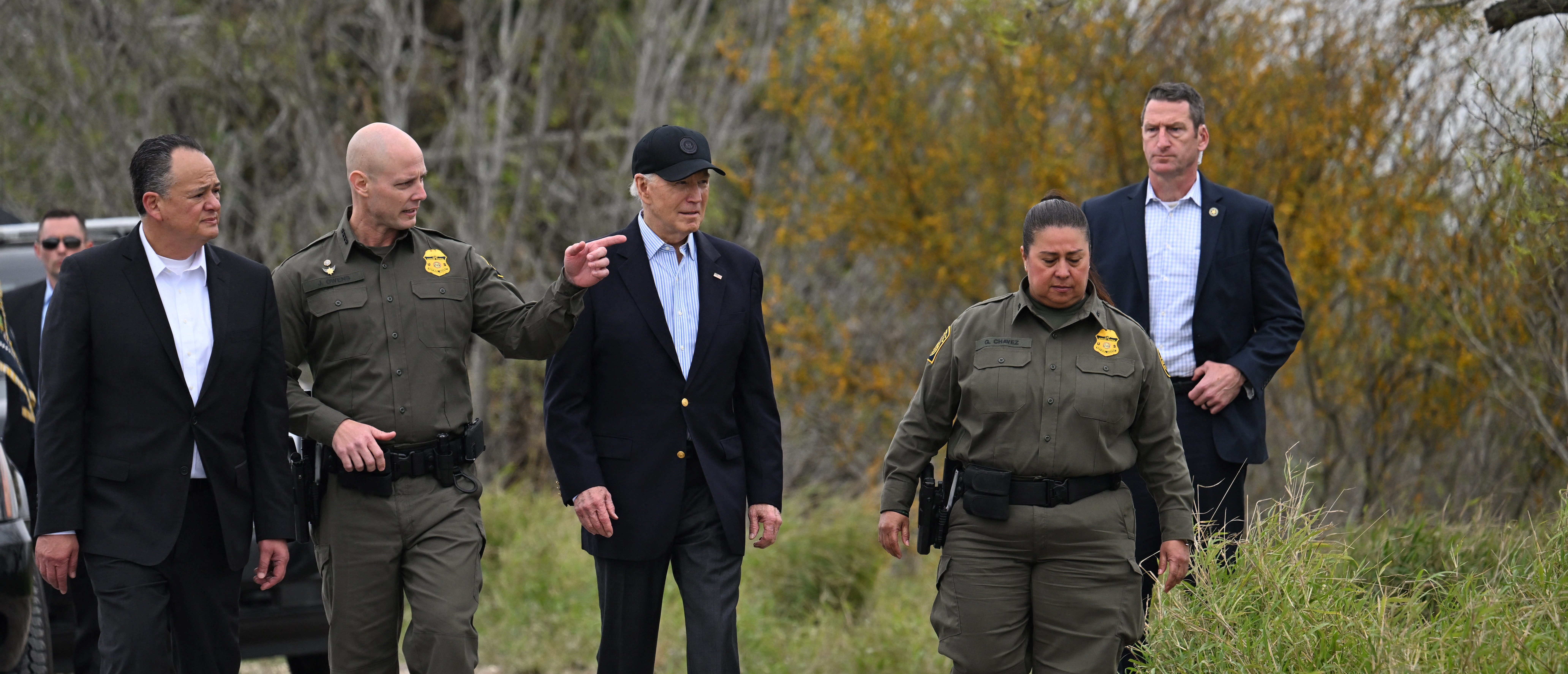 US President Joe Biden listens to Jason Owens (2nd L), Chief of US Border Patrol, as he visits the US-Mexico border in Brownsville, Texas, on February 29, 2024. (Photo by Jim WATSON / AFP) (Photo by JIM WATSON/AFP via Getty Images)