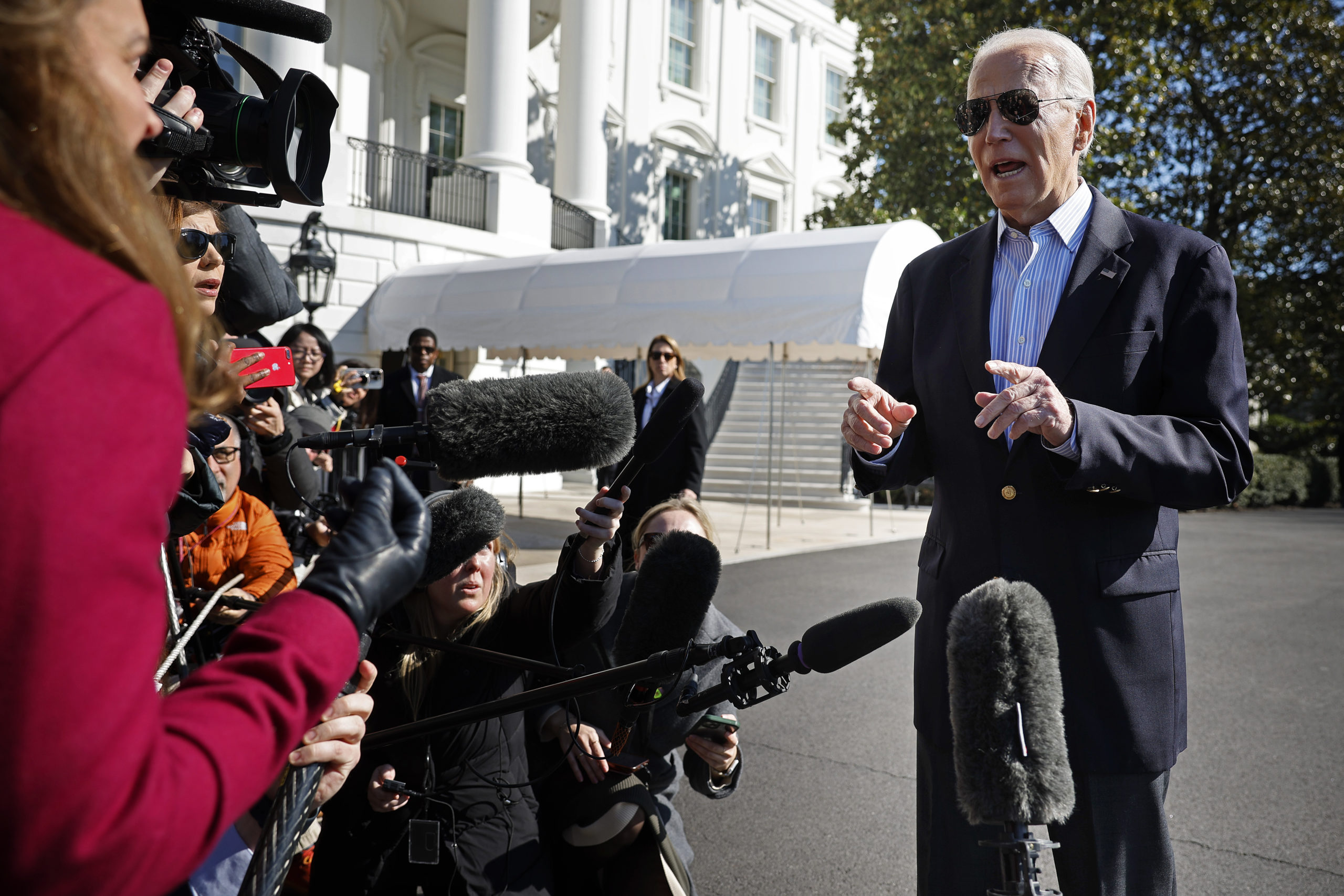  U.S. President Joe Biden speaks briefly with reporters before boarding the Marine One presidential helicopter and departing the White House on February 29, 2024 in Washington, DC. In the throes of a re-election campaign, Biden is traveling to Brownsville, Texas, near the U.S.-Mexico border on the same day that Republican rival and former President Donald Trump is scheduled to visit the border. (Photo by Chip Somodevilla/Getty Images)