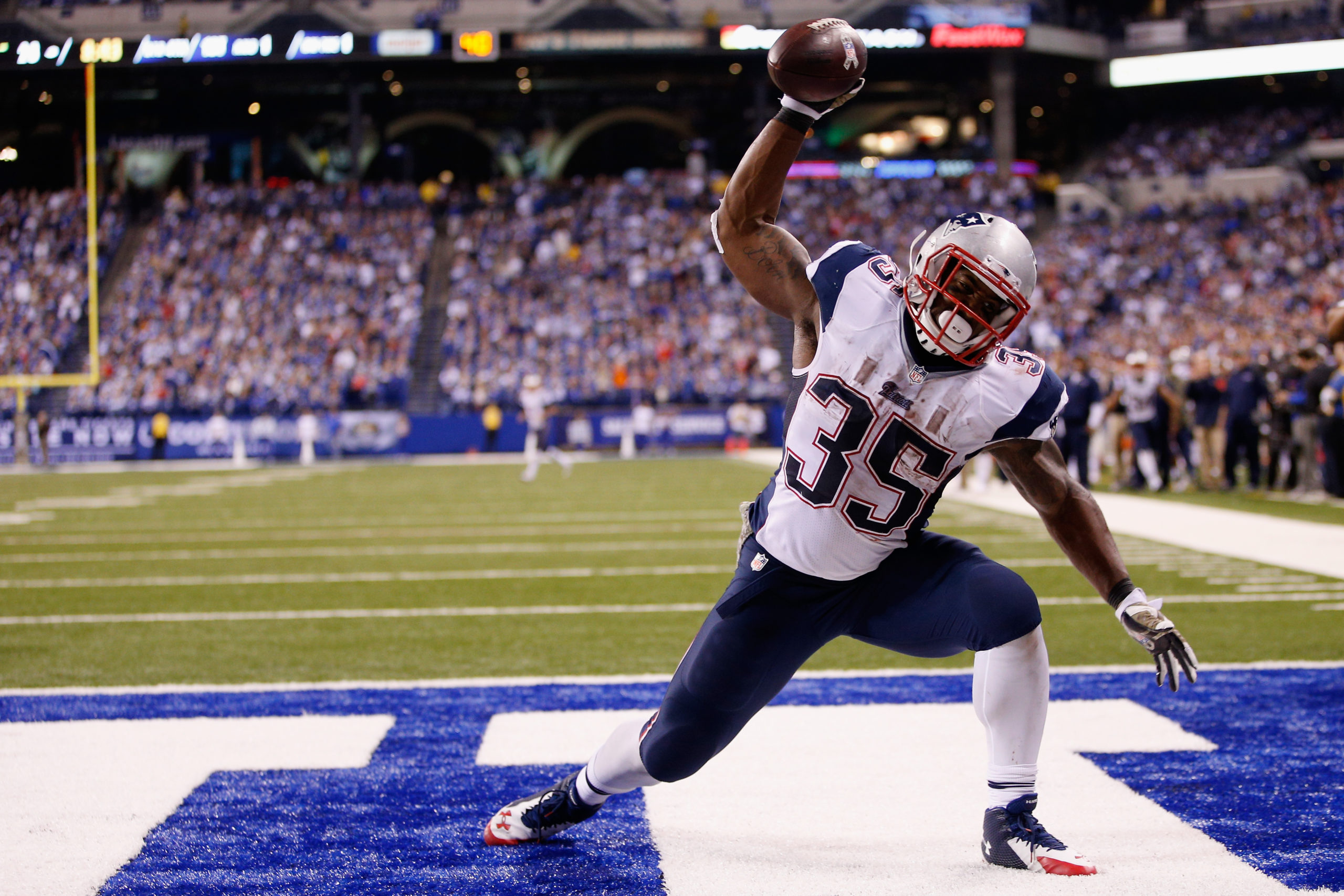 INDIANAPOLIS, IN - NOVEMBER 16: Jonas Gray #35 of the New England Patriots celebrates scoring his fourth touchdown against the Indianapolis Colts during the fourth quarter of the game at Lucas Oil Stadium on November 16, 2014 in Indianapolis, Indiana. Joe Robbins/Getty Images