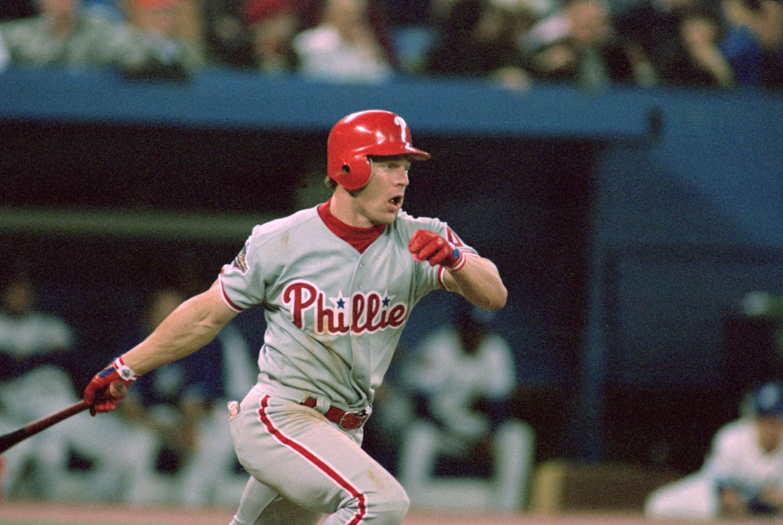 TORONTO - OCTOBER 17: Lenny Dykstra #4 of the Philadelphia Phillies swings at a pitch during Game two of the 1993 World Series against the Toronto Blue Jays at Skydome on October 17, 1993 in Toronto, Ontario, Canada. The Phillies defeated the Blue Jays 6-4. Rick Stewart/Getty Images
