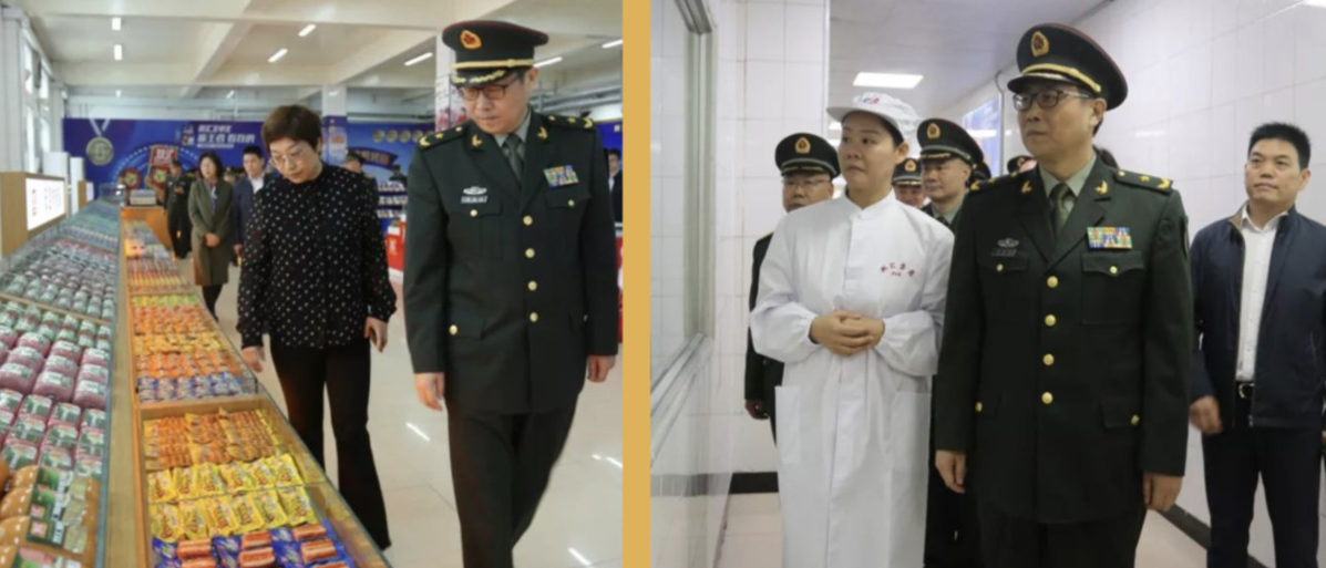 PLA officers have inspected Shuanghui's mobilization center on multiple occasions including in October 2019, when Commander Chen Zhaoming toured the site with the firm's president, Ma Xiangjie. [Image created by the DCNF using pictures from the PLA's social media account]