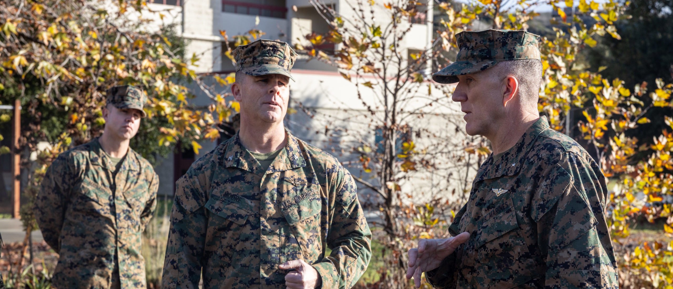 U.S. Marine Corps Brig. Gen. Jason Woodworth, right, the commanding general of Marine Corps Installations West, Marine Corps Base Camp Pendleton, speaks with Col. David Moore, the commanding officer of Marine Corps Air Station Camp Pendleton during a walkthrough of the 24 Area Bachelor Enlisted Quarters at MCB Camp Pendleton, California, Feb. 9, 2024. MCB Camp Pendleton is committed to monitoring and enhancing the standard of living for Marines residing in BEQs to ensure clean and secure living spaces.