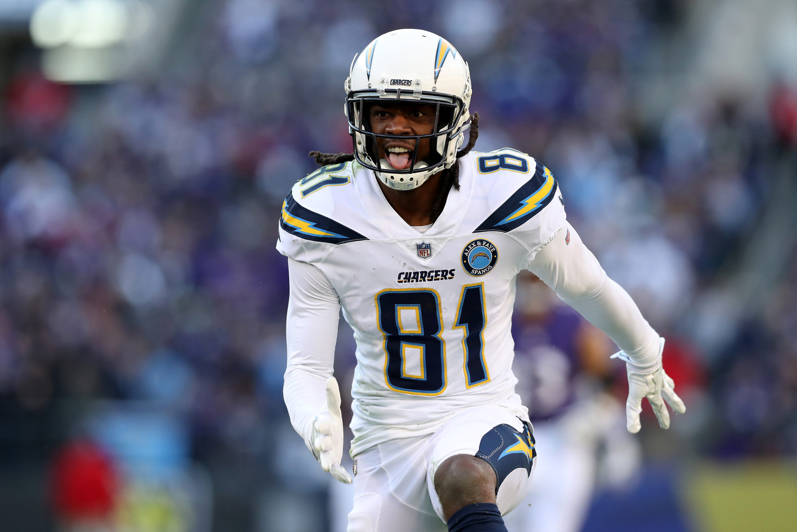 BALTIMORE, MARYLAND - JANUARY 06: Mike Williams #81 of the Los Angeles Chargers celebrates a catch against the Baltimore Ravens during the second half in the AFC Wild Card Playoff game at M&T Bank Stadium on January 06, 2019 in Baltimore, Maryland. Rob Carr/Getty Images