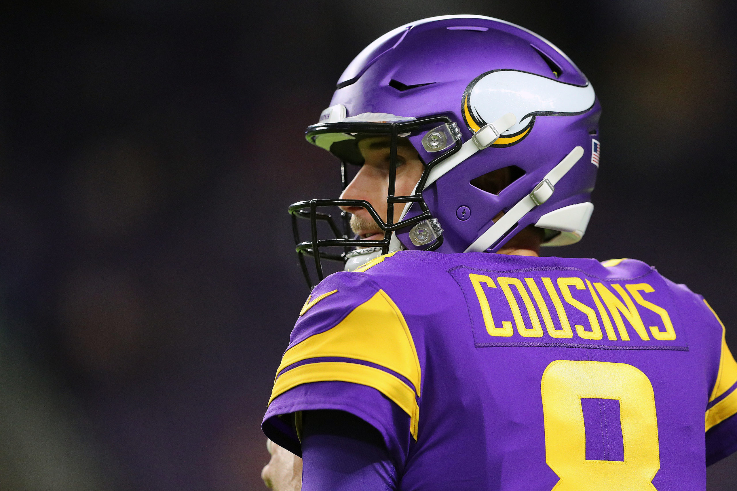 MINNEAPOLIS, MN - OCTOBER 24: Kirk Cousins #8 of the Minnesota Vikings warms up before the game against the Washington Redskins at U.S. Bank Stadium on October 24, 2019 in Minneapolis, Minnesota. Adam Bettcher/Getty Images