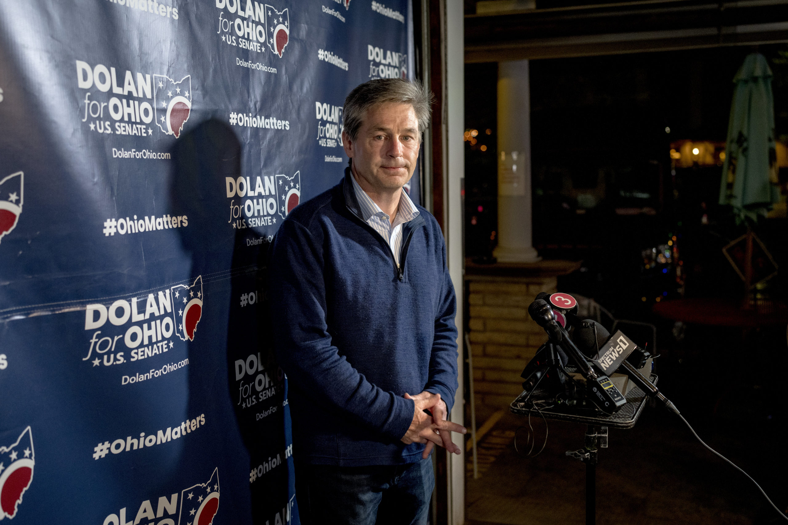 CLEVELAND, OH - MAY 03: Republican U.S. Senate candidate Matt Dolan addresses the media after his loss to J.D. Vance during an election night watch party at the Tavern of Independence on May 3, 2022 in Independence, Ohio. Vance, who was endorsed by former President Donald Trump, narrowly won over former state Treasurer Josh Mandel, according to published reports. (Photo by Nic Antaya/Getty Images)