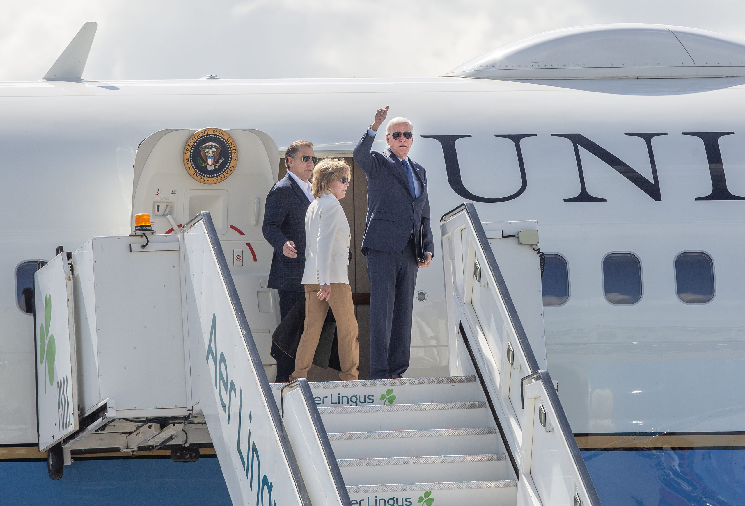  In this handout image provided by the Irish Government, US President Joe Biden departs Dublin Airport on Air Force One with his sister Valerie and son Hunter on April 14, 2023 in Dublin, Ireland. US President Joe Biden has travelled to Northern Ireland and Ireland with his sister Valerie Biden Owens and son Hunter Biden to explore his family's Irish heritage and mark the 25th Anniversary of the Good Friday Peace Agreement. (Photo by Julien Behal/Irish Government via Getty Images)