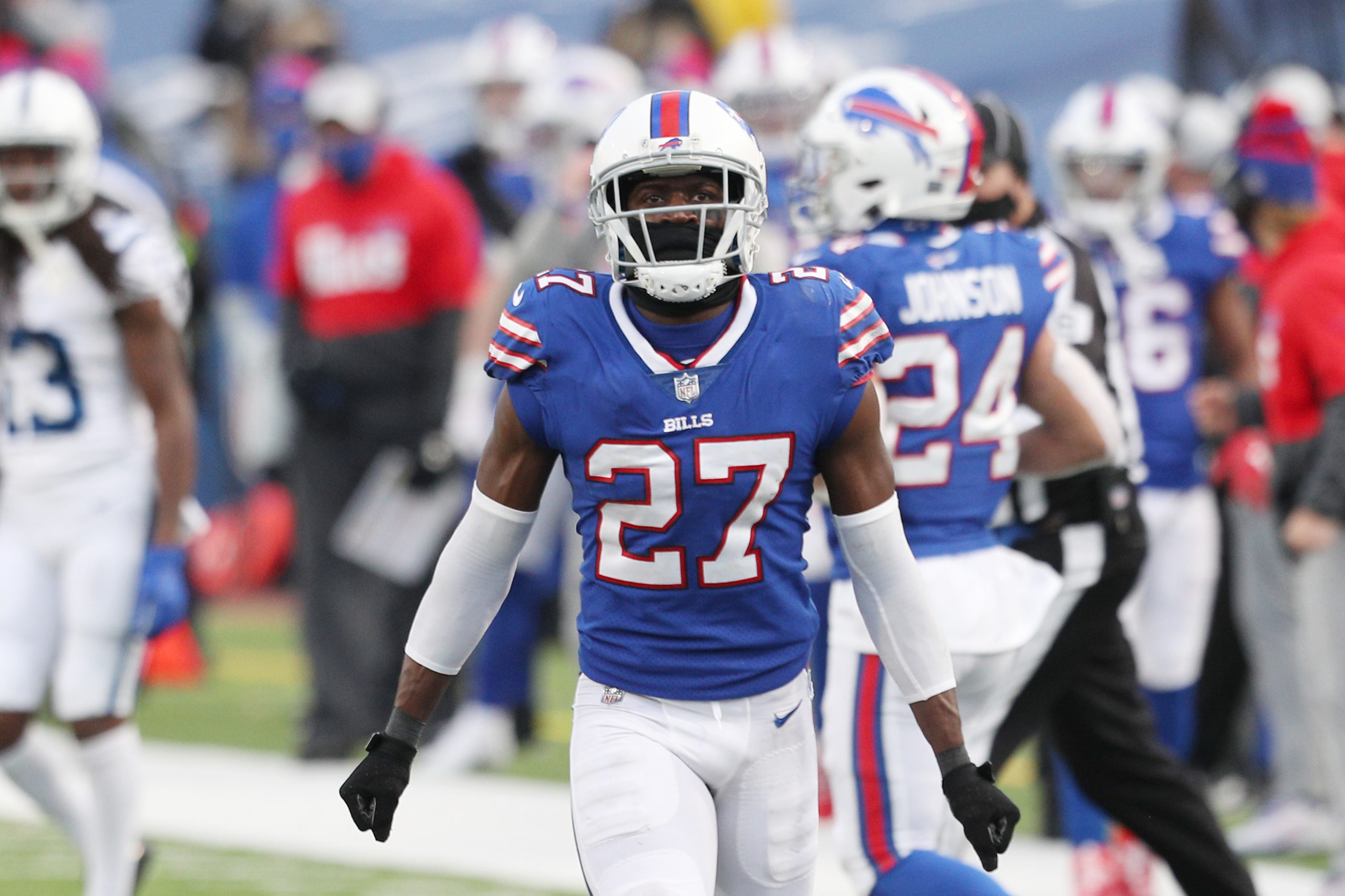 ORCHARD PARK, NEW YORK - JANUARY 09: Tre'Davious White #27 of the Buffalo Bills celebrates after breaking up a pass during the second half of the AFC Wild Card playoff game against the Indianapolis Colts at Bills Stadium on January 09, 2021 in Orchard Park, New York. Bryan M. Bennett/Getty Images