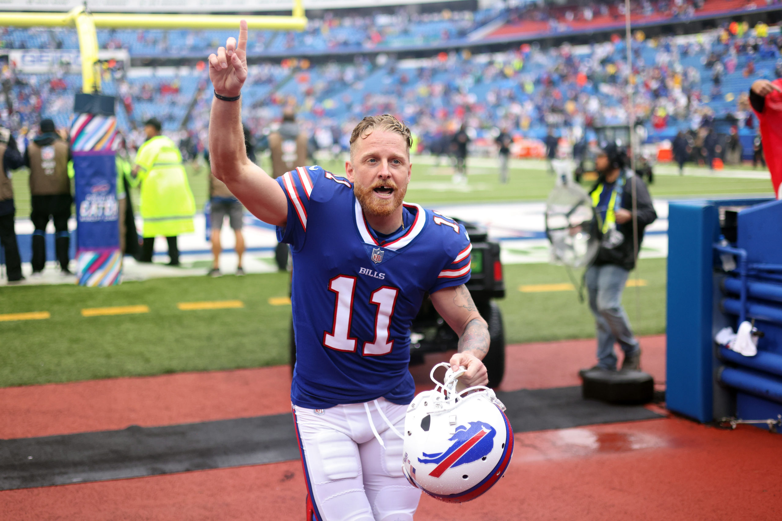 ORCHARD PARK, NEW YORK - OCTOBER 03: Cole Beasley #11 of the Buffalo Bills acknowledges the fans as he leaves the field after the Bills defeated the Texans 40-0 at Highmark Stadium on October 03, 2021 in Orchard Park, New York. Bryan M. Bennett/Getty Images