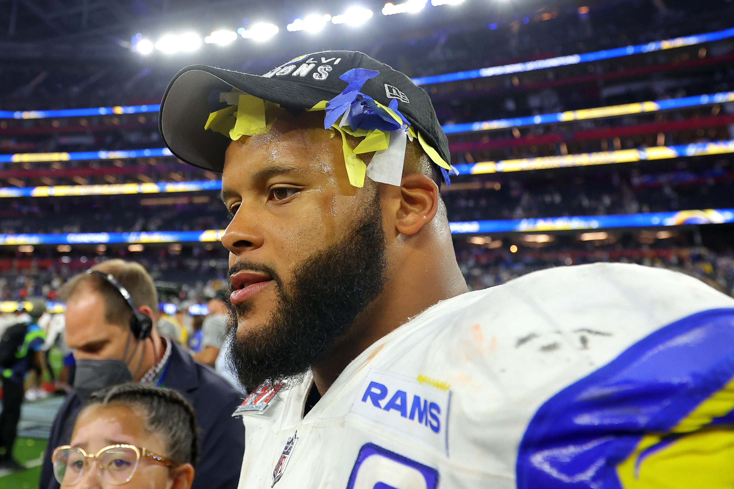 INGLEWOOD, CALIFORNIA - FEBRUARY 13: Aaron Donald #99 of the Los Angeles Rams celebrates after defeating the Cincinnati Bengals during Super Bowl LVI at SoFi Stadium on February 13, 2022 in Inglewood, California. The Los Angeles Rams defeated the Cincinnati Bengals 23-20. Kevin C. Cox/Getty Images