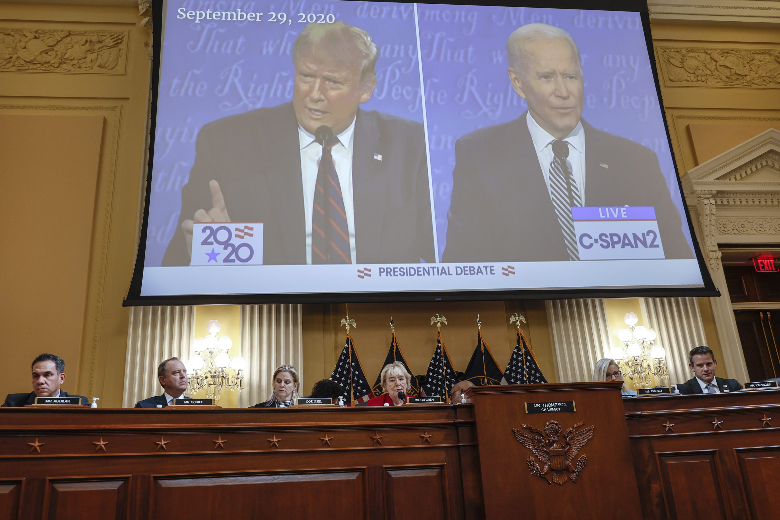 Video of former President Donald Trump and President Joe Biden is played during a hearing by the Select Committee to Investigate the January 6th Attack on the U.S. Capitol in the Cannon House Office Building on June 13, 2022 in Washington, DC. The bipartisan committee, which has been gathering evidence for almost a year related to the January 6 attack at the U.S. Capitol, will present its findings in a series of televised hearings. On January 6, 2021, supporters of former President Donald Trump attacked the U.S. Capitol Building during an attempt to disrupt a congressional vote to confirm the electoral college win for President Joe Biden. (Photo by Chip Somodevilla/Getty Images)