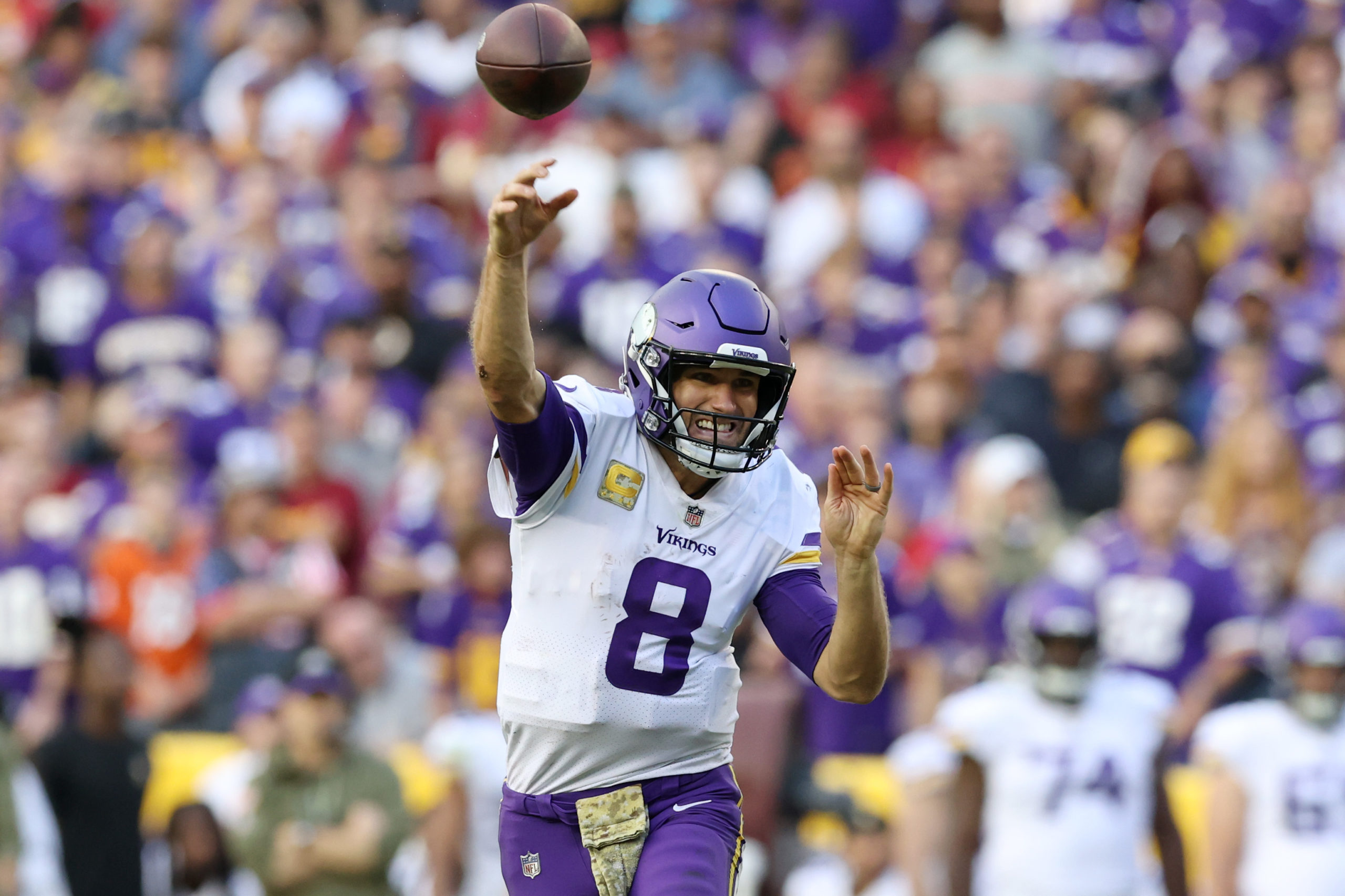 LANDOVER, MARYLAND - NOVEMBER 06: Kirk Cousins #8 of the Minnesota Vikings throws the ball in the fourth quarter of the game against the Washington Commanders at FedExField on November 06, 2022 in Landover, Maryland. Todd Olszewski/Getty Images