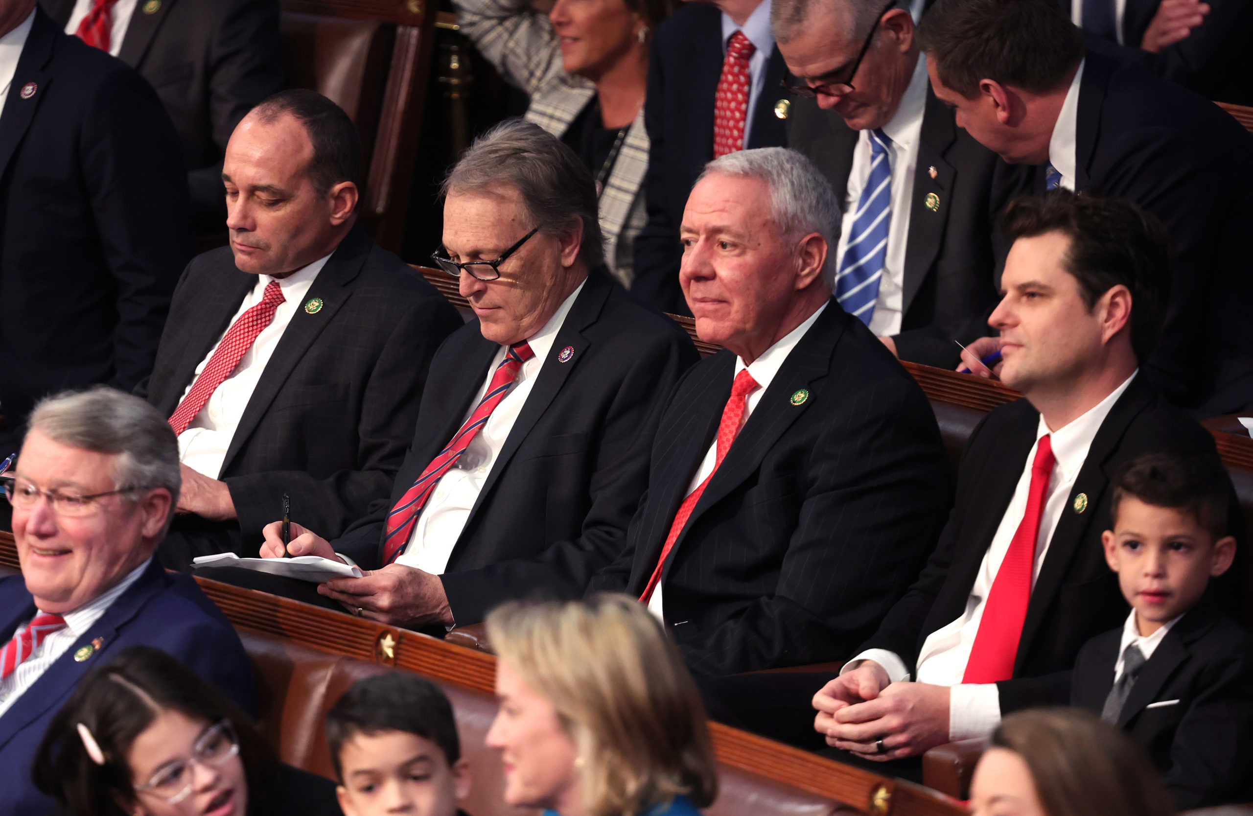 WASHINGTON, DC - JANUARY 03: (L-R) U.S. Rep. Bob Good (R-VA), Rep. Andy Biggs (R-AZ), Rep. Ken Buck (R-CO) and Rep. Matt Gaetz (R-FL) listen to floor proceedings during the first day of the 118th Congress in the House Chamber of the U.S. Capitol Building on January 03, 2023 in Washington, DC. Today members of the 118th Congress will be sworn-in and the House of Representatives will elect a new Speaker of the House. (Photo by Win McNamee/Getty Images)