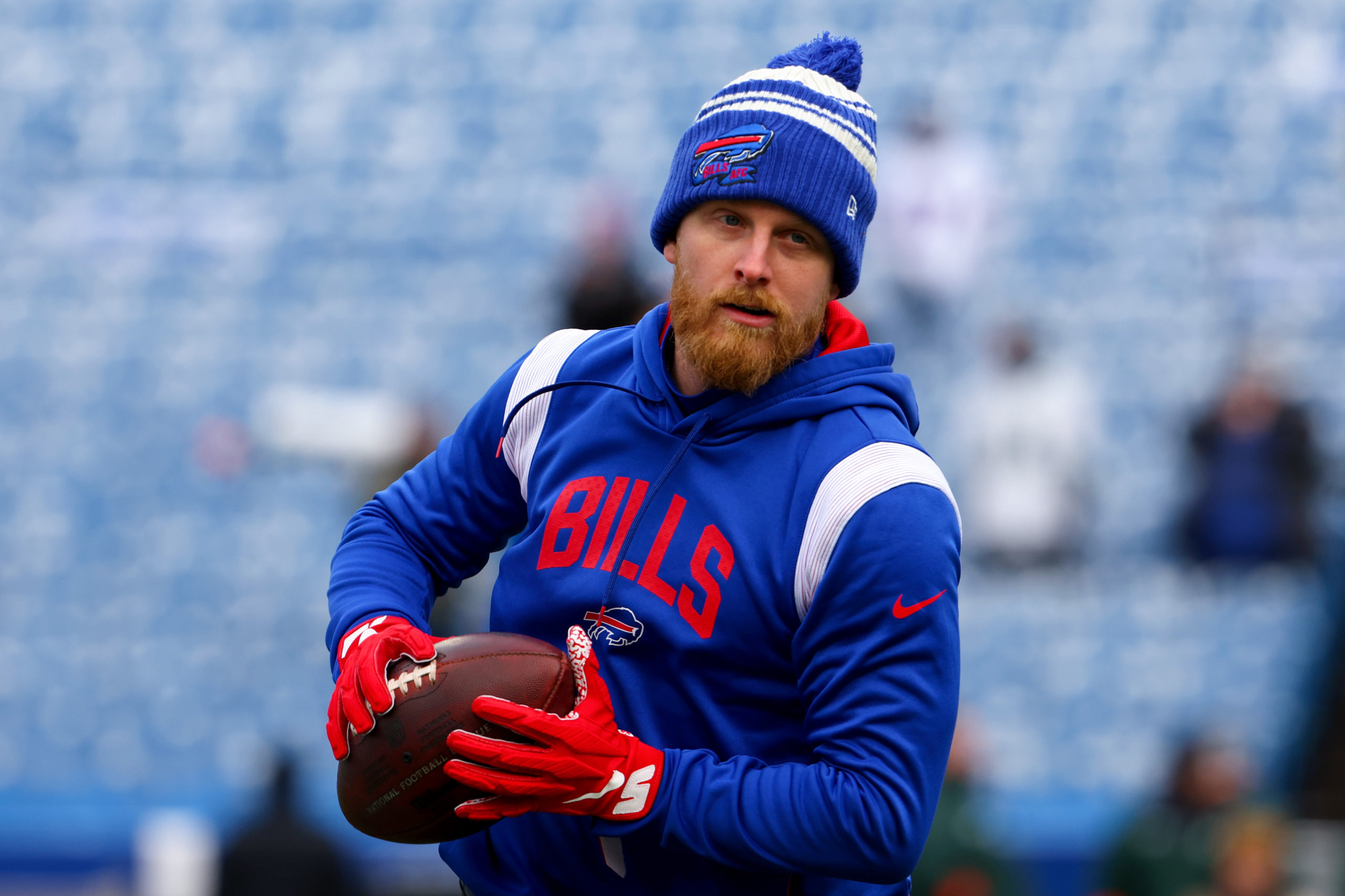 ORCHARD PARK, NEW YORK - JANUARY 15: Cole Beasley #11 of the Buffalo Bills warms up prior to a game against the Miami Dolphins in the AFC Wild Card playoff game at Highmark Stadium on January 15, 2023 in Orchard Park, New York. Timothy T Ludwig/Getty Images
