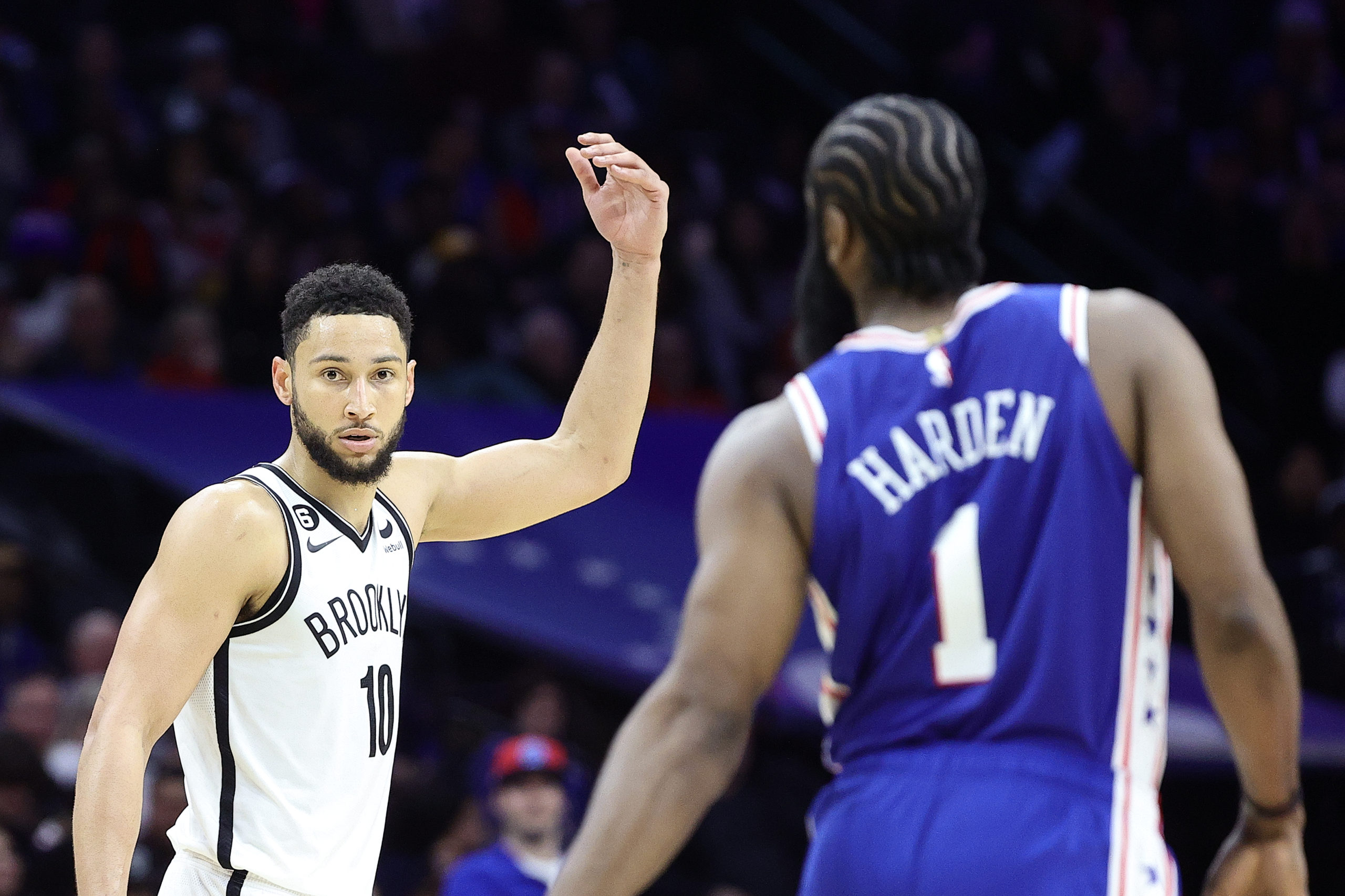 PHILADELPHIA, PENNSYLVANIA - JANUARY 25: Ben Simmons #10 of the Brooklyn Nets gestures during the fourth quarter against the Philadelphia 76ers at Wells Fargo Center on January 25, 2023 in Philadelphia, Pennsylvania. Tim Nwachukwu/Getty Images