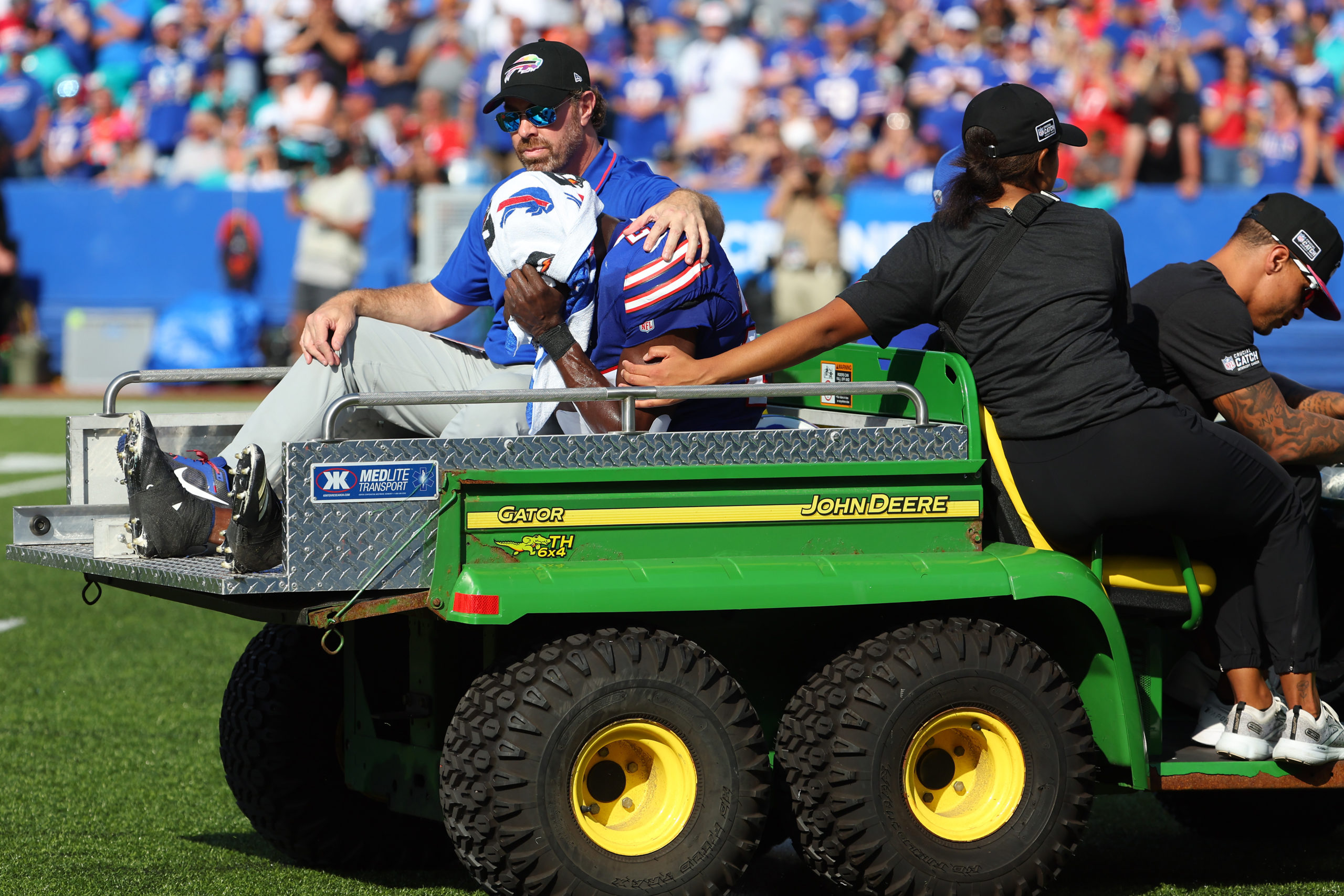 ORCHARD PARK, NEW YORK - OCTOBER 01: Tre'Davious White #27 of the Buffalo Bills leaves the field on a medical cart after being injured during the third quarter against the Miami Dolphins at Highmark Stadium on October 01, 2023 in Orchard Park, New York. Timothy T Ludwig/Getty Images