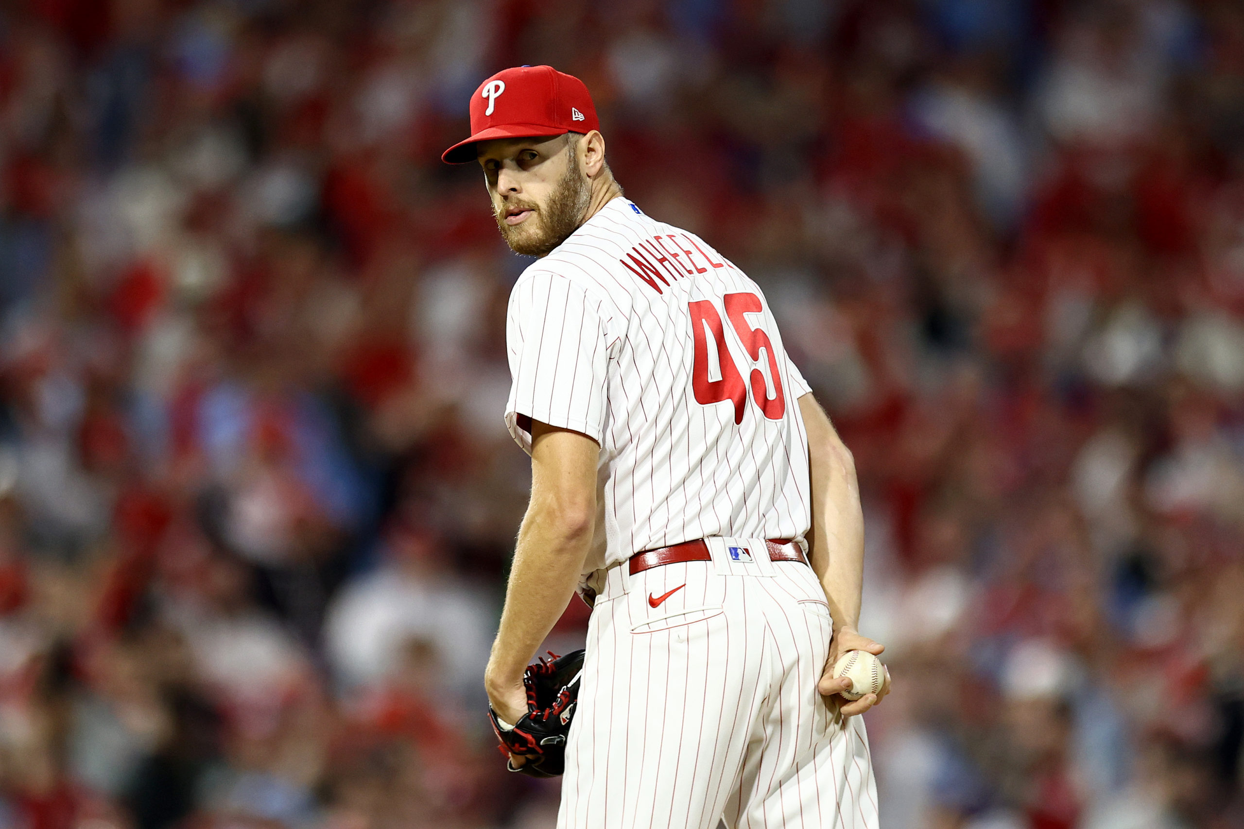 PHILADELPHIA, PENNSYLVANIA - OCTOBER 16: Zack Wheeler #45 of the Philadelphia Phillies pitches in the first inning against the Arizona Diamondbacks during Game One of the Championship Series at Citizens Bank Park on October 16, 2023 in Philadelphia, Pennsylvania. Tim Nwachukwu/Getty Images