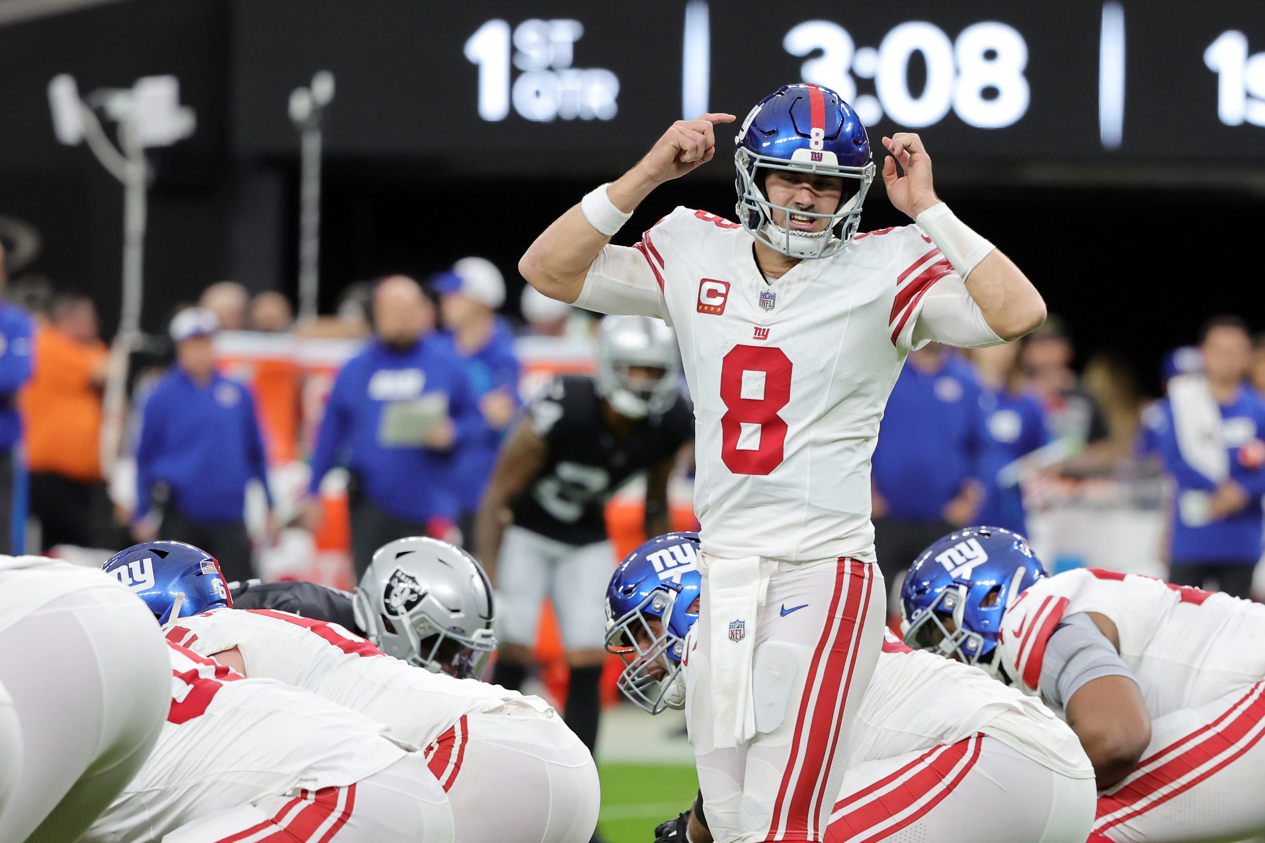LAS VEGAS, NEVADA - NOVEMBER 05: Daniel Jones #8 of the New York Giants calls a play at the line of scrimmage in the first quarter of a game against the Las Vegas Raiders at Allegiant Stadium on November 05, 2023 in Las Vegas, Nevada. Ethan Miller/Getty Images