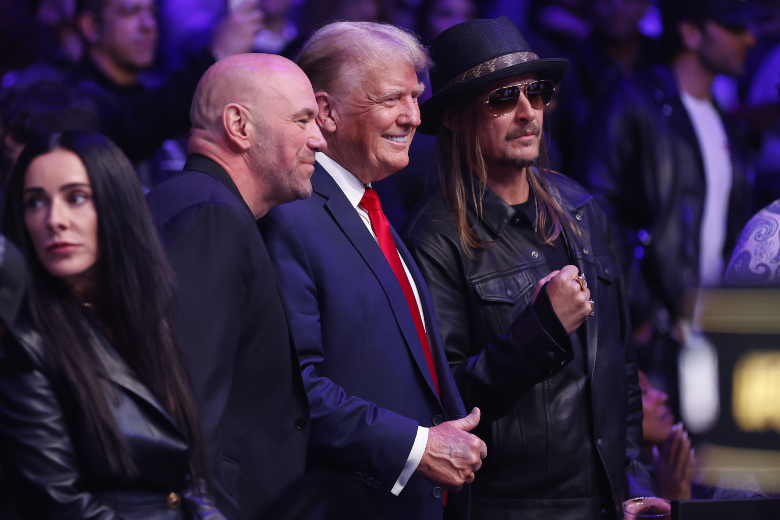 NEW YORK, NEW YORK - NOVEMBER 11: Former U.S. President Donald Trump, UFC president Dana White, and Kid Rock pose fora photo during the UFC 295 event at Madison Square Garden on November 11, 2023 in New York City. Sarah Stier/Getty Images