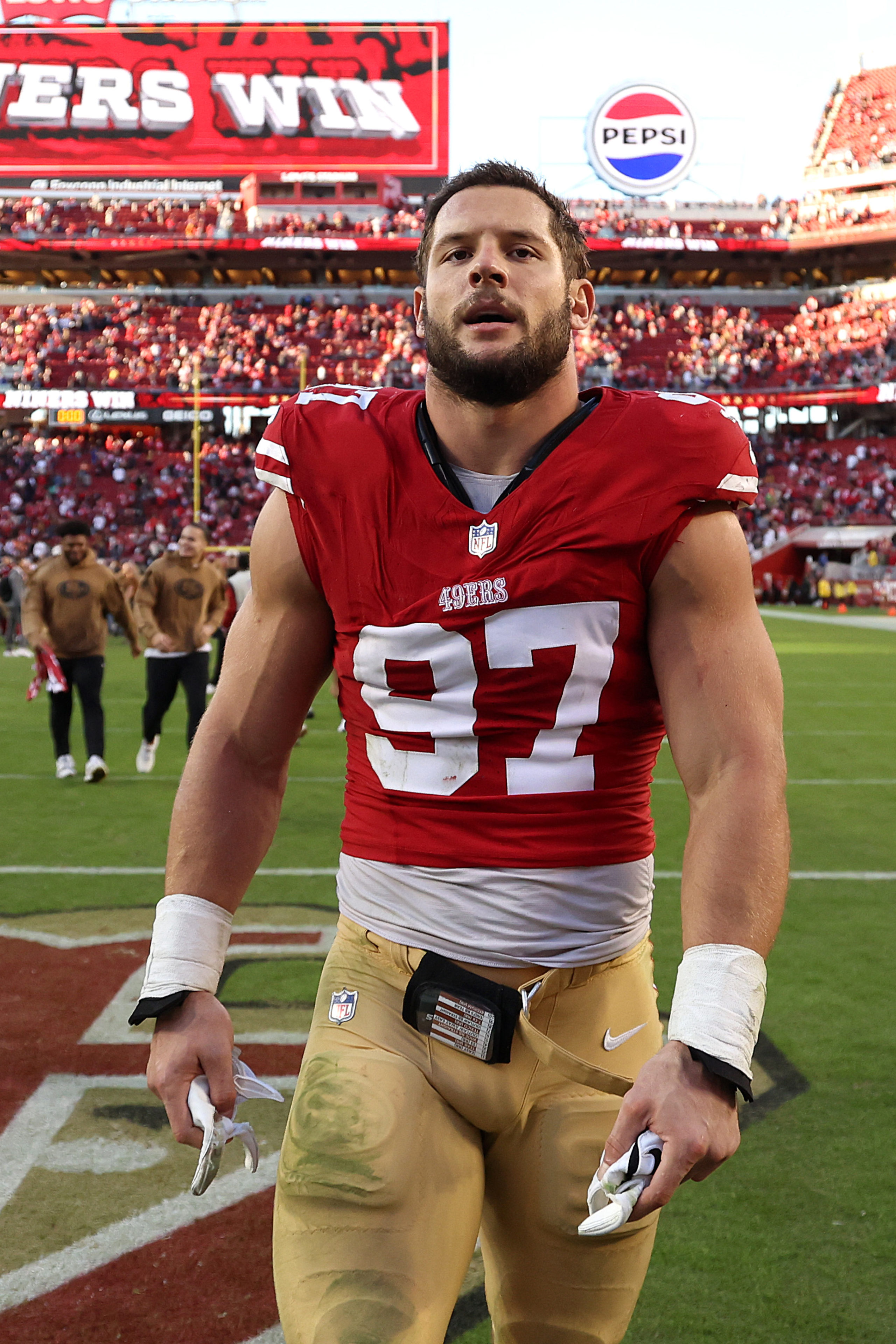 SANTA CLARA, CALIFORNIA - NOVEMBER 19: Nick Bosa #97 of the San Francisco 49ers looks on after beating the Tampa Bay Buccaneers 27-14 at Levi's Stadium on November 19, 2023 in Santa Clara, California. Ezra Shaw/Getty Images