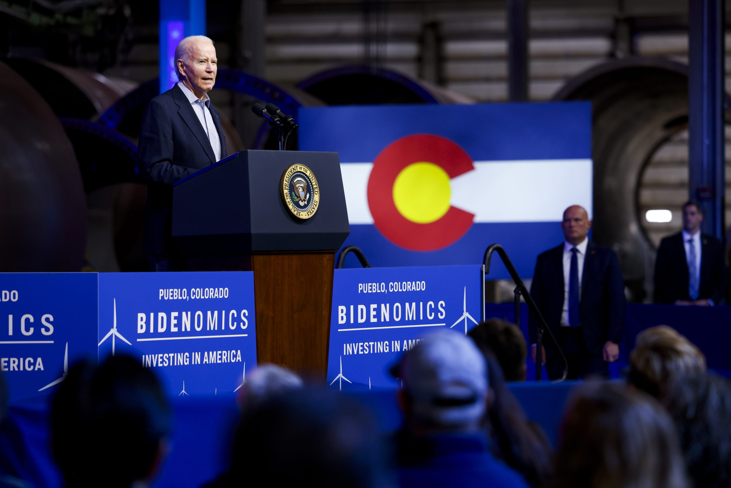 US President Joe Biden speaks about Bidenomics at CS Wind on November 29, 2023 in Pueblo, Colorado. CS Wind, the largest wind turbine tower manufacturer in the world, recently announced they were expanding operations as a direct result of the Inflation Reduction Act. (Photo by Michael Ciaglo/Getty Images)