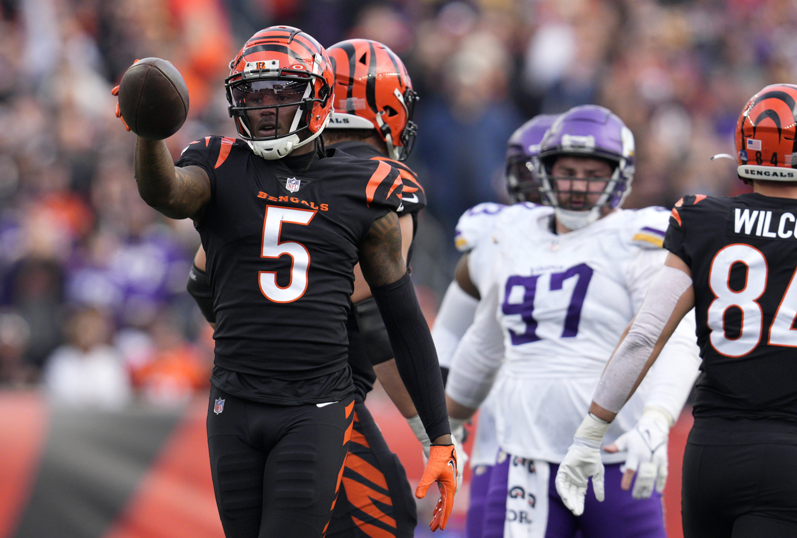 CINCINNATI, OHIO - DECEMBER 16: Tee Higgins #5 of the Cincinnati Bengals reacts after a play in the fourth quarter of the game against the Minnesota Vikings at Paycor Stadium on December 16, 2023 in Cincinnati, Ohio. Jeff Dean/Getty Images