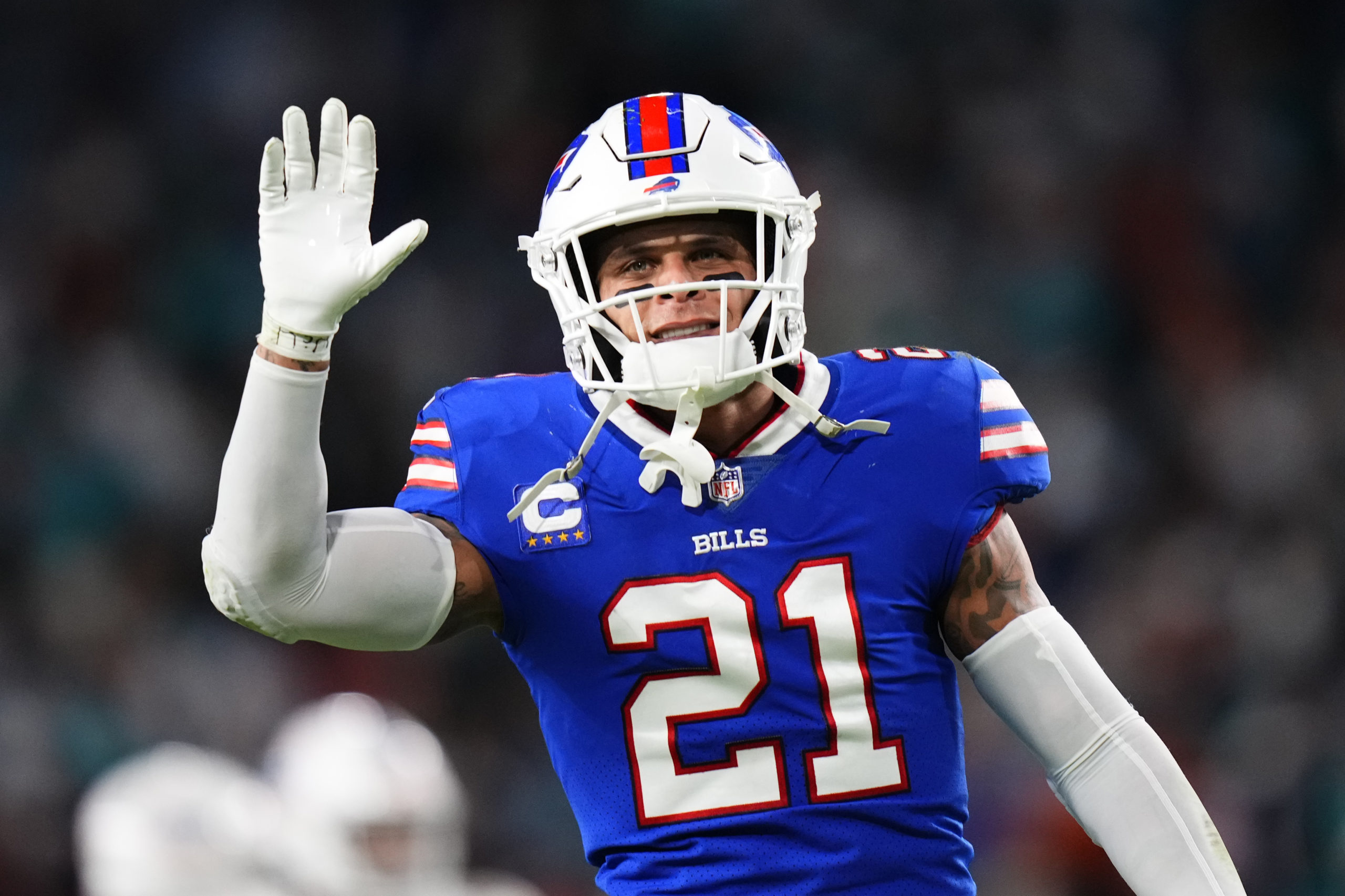 MIAMI GARDENS, FLORIDA - JANUARY 07: Jordan Poyer #21 of the Buffalo Bills reacts after a 21-14 victory against the Miami Dolphins at Hard Rock Stadium on January 07, 2024 in Miami Gardens, Florida. Rich Storry/Getty Images